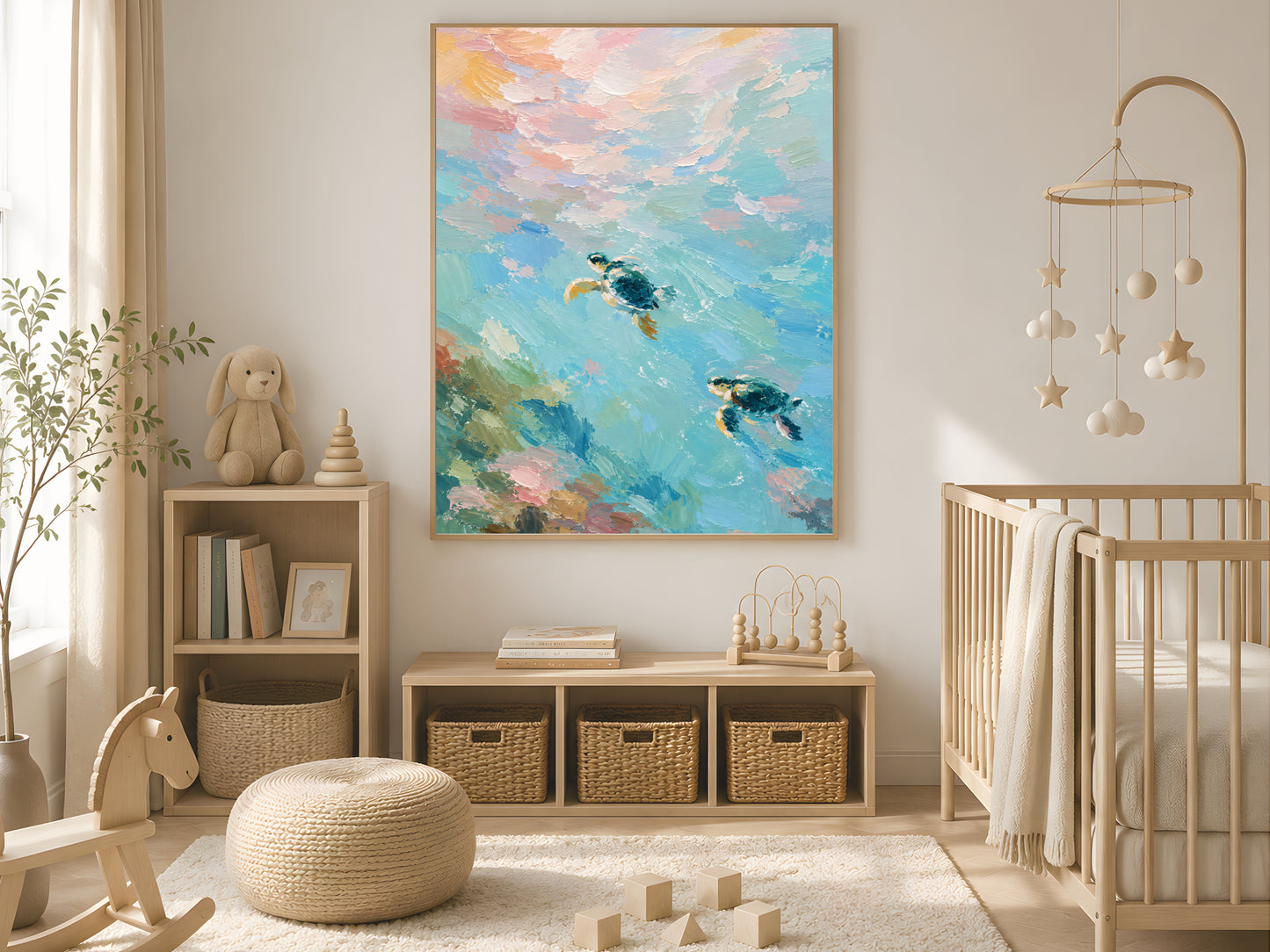 Framed impasto sea turtle print on white wall in airy coastal nursery with rattan pouffe and white crib
