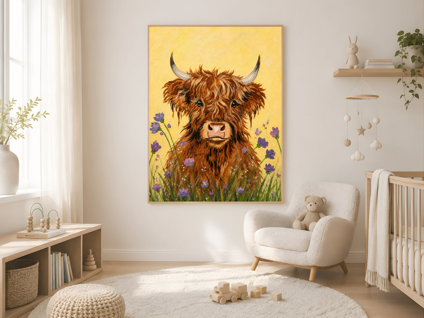 Framed impasto baby highland cow print on white wall in neutral nursery with crib, mobile, and dried botanicals
