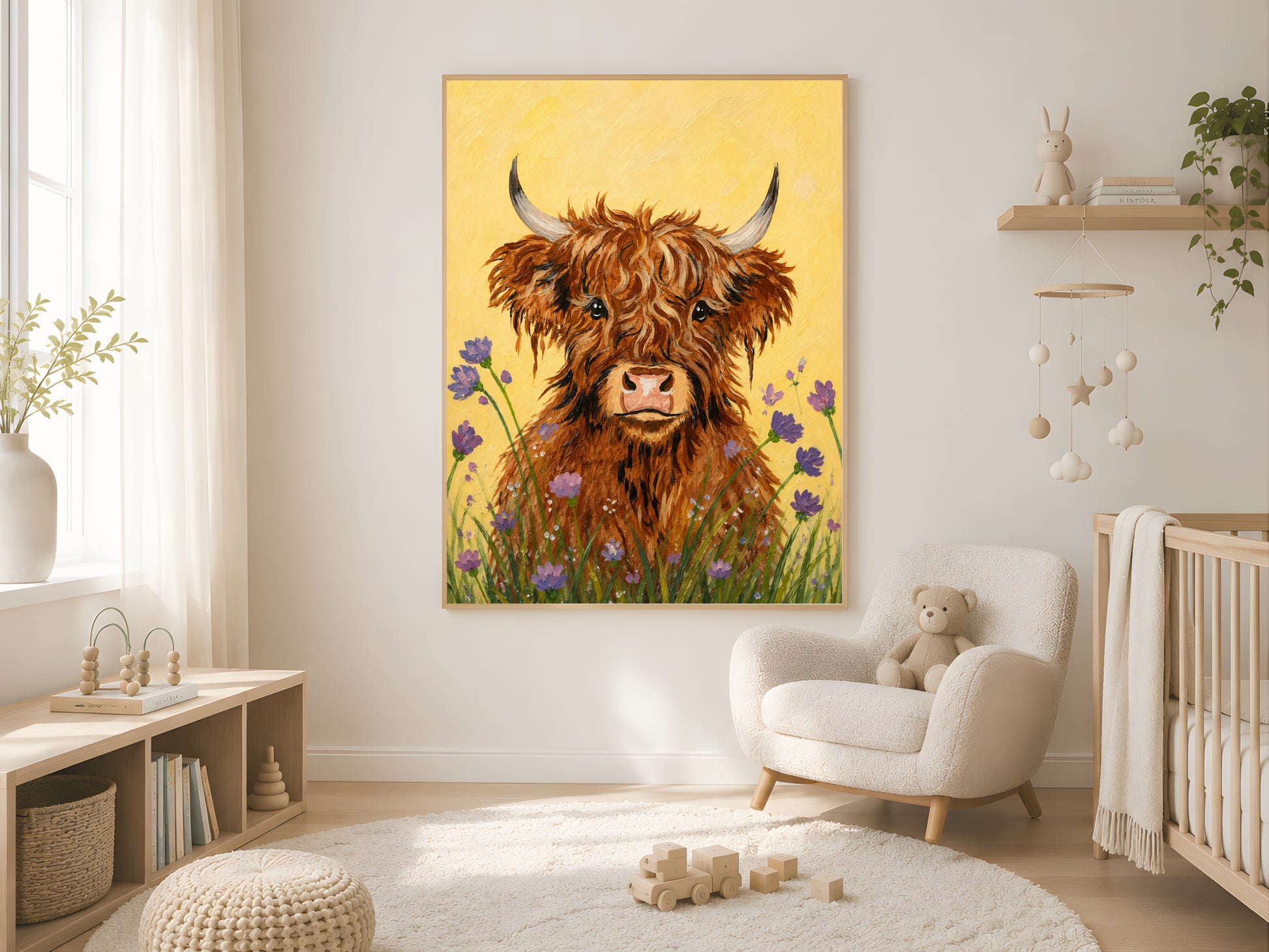 Framed impasto baby highland cow print on white wall in neutral nursery with crib, mobile, and dried botanicals
