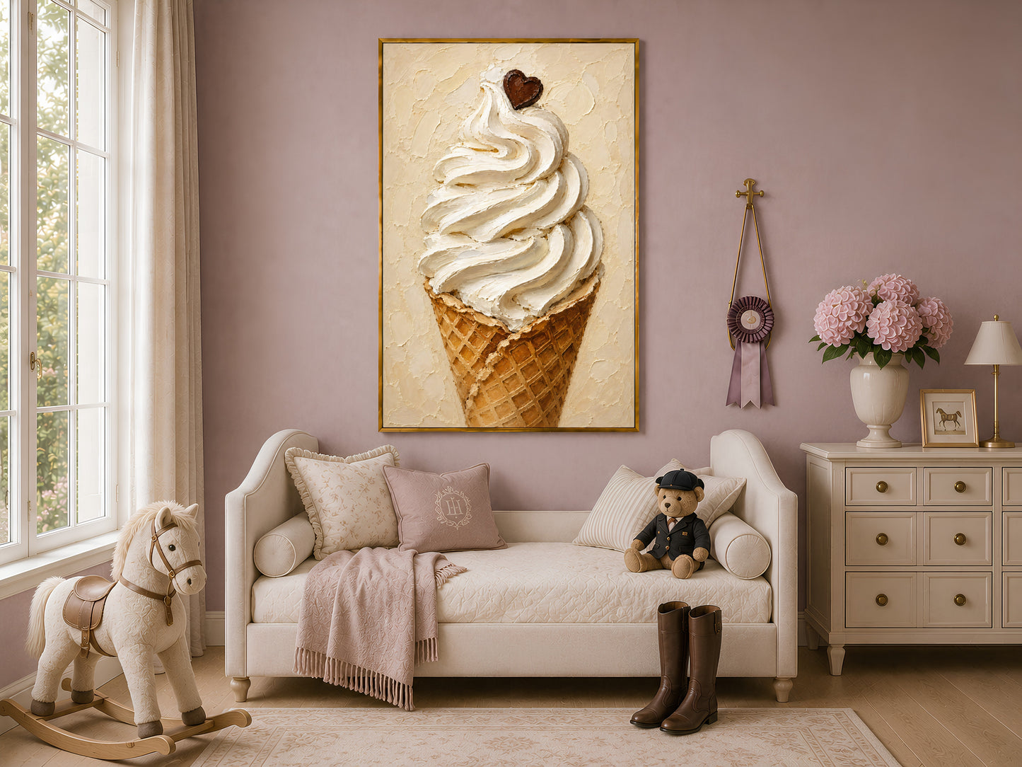 Ice cream wall art in a wood frame displayed in a charming child's nursery or playroom with a daybed, rocking horse, and warm neutral decor
