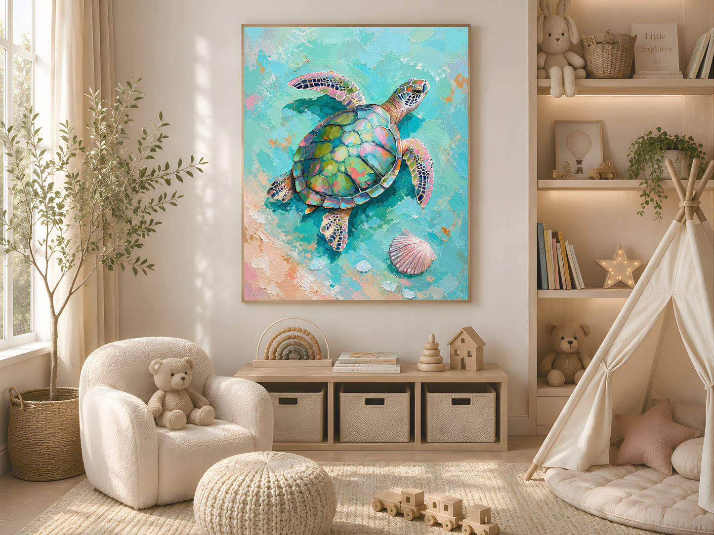 Framed impasto sea turtle print on white wall in neutral coastal nursery with teepee, rattan pouffe, and open shelving
