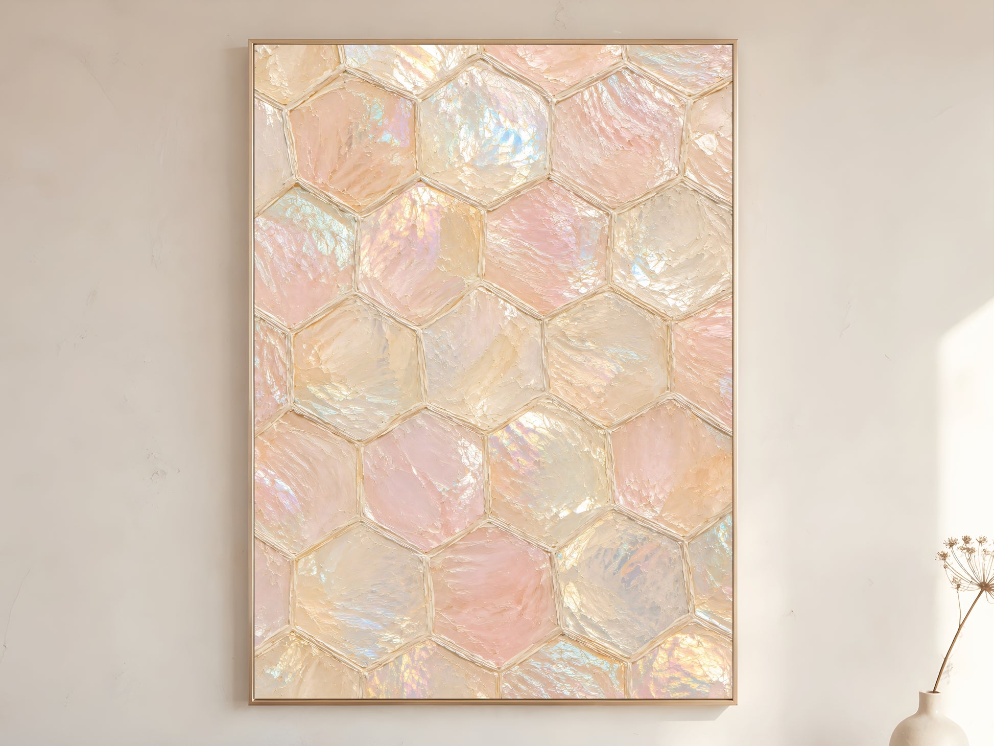 Capiz shell honeycomb wall art in wood frame on warm white wall in minimalist quiet luxury living room