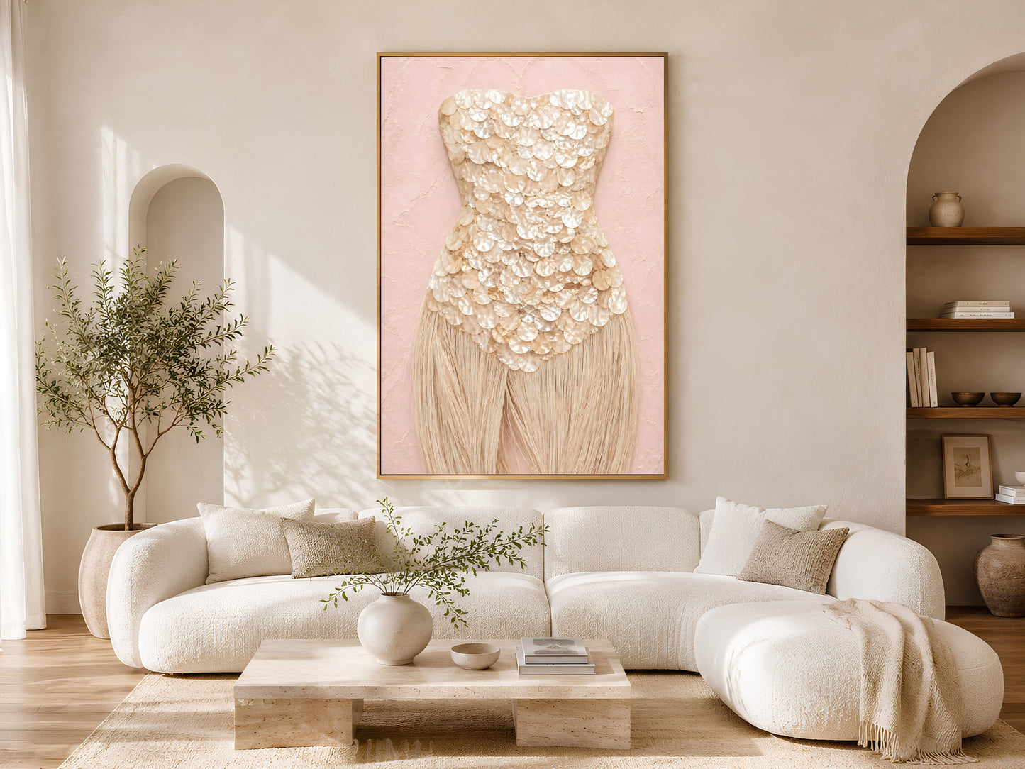 Champagne mother of pearl wall art framed in gold, styled above a cream sofa in a bright living room.