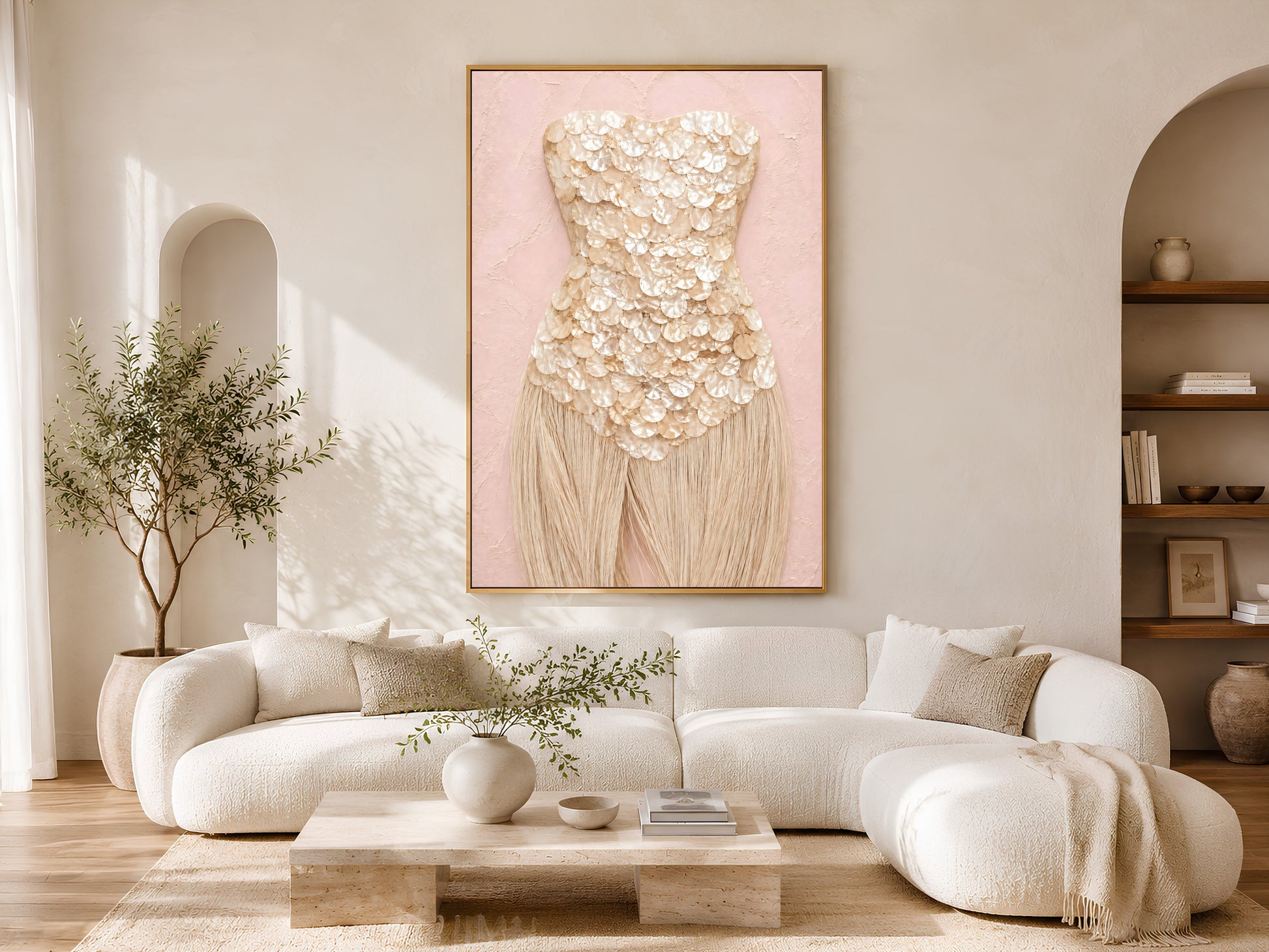 Champagne mother of pearl wall art framed in gold, styled above a cream sofa in a bright living room.