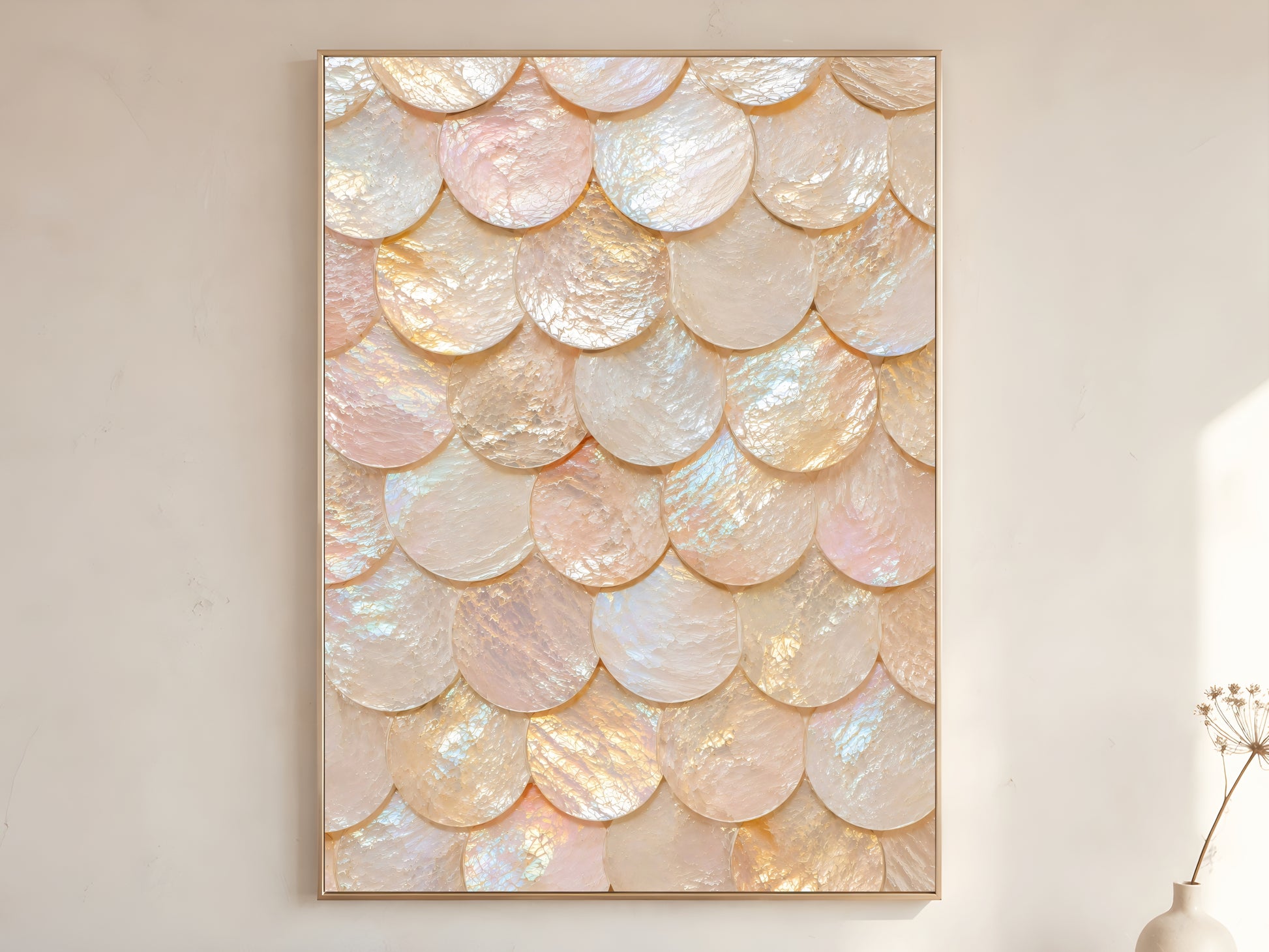 Capiz shell wall art in wood frame on warm white wall in minimalist quiet luxury living room