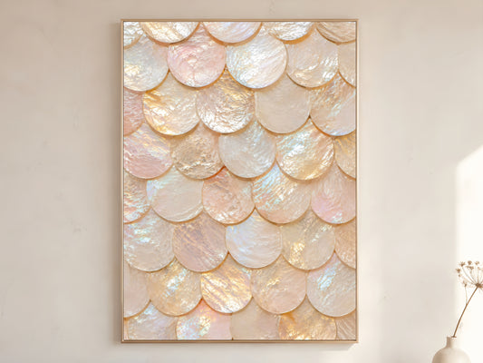 Capiz shell wall art in wood frame on warm white wall in minimalist quiet luxury living room