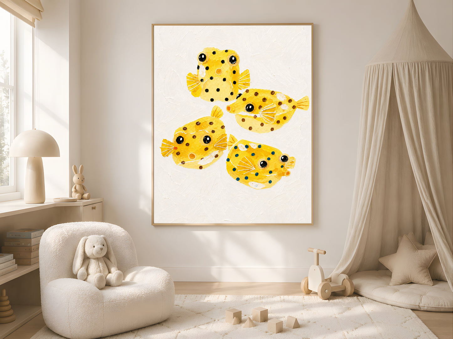 Framed impasto yellow boxfish print on cream wall in bright boho nursery with sheer canopy and plush rabbit
