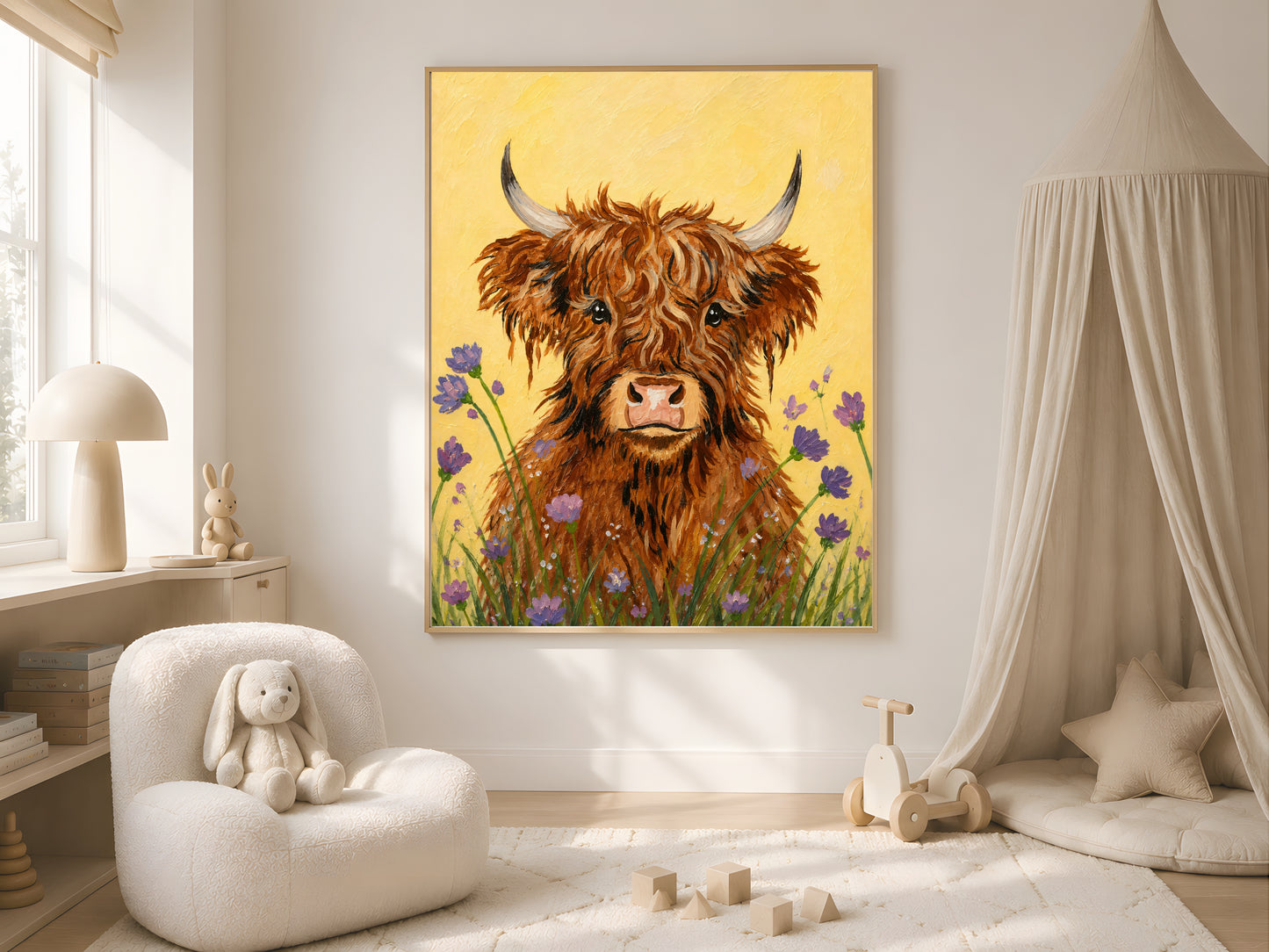 Framed impasto baby highland cow print on white wall in neutral nursery with crib, sheer canopy, and soft armchair
