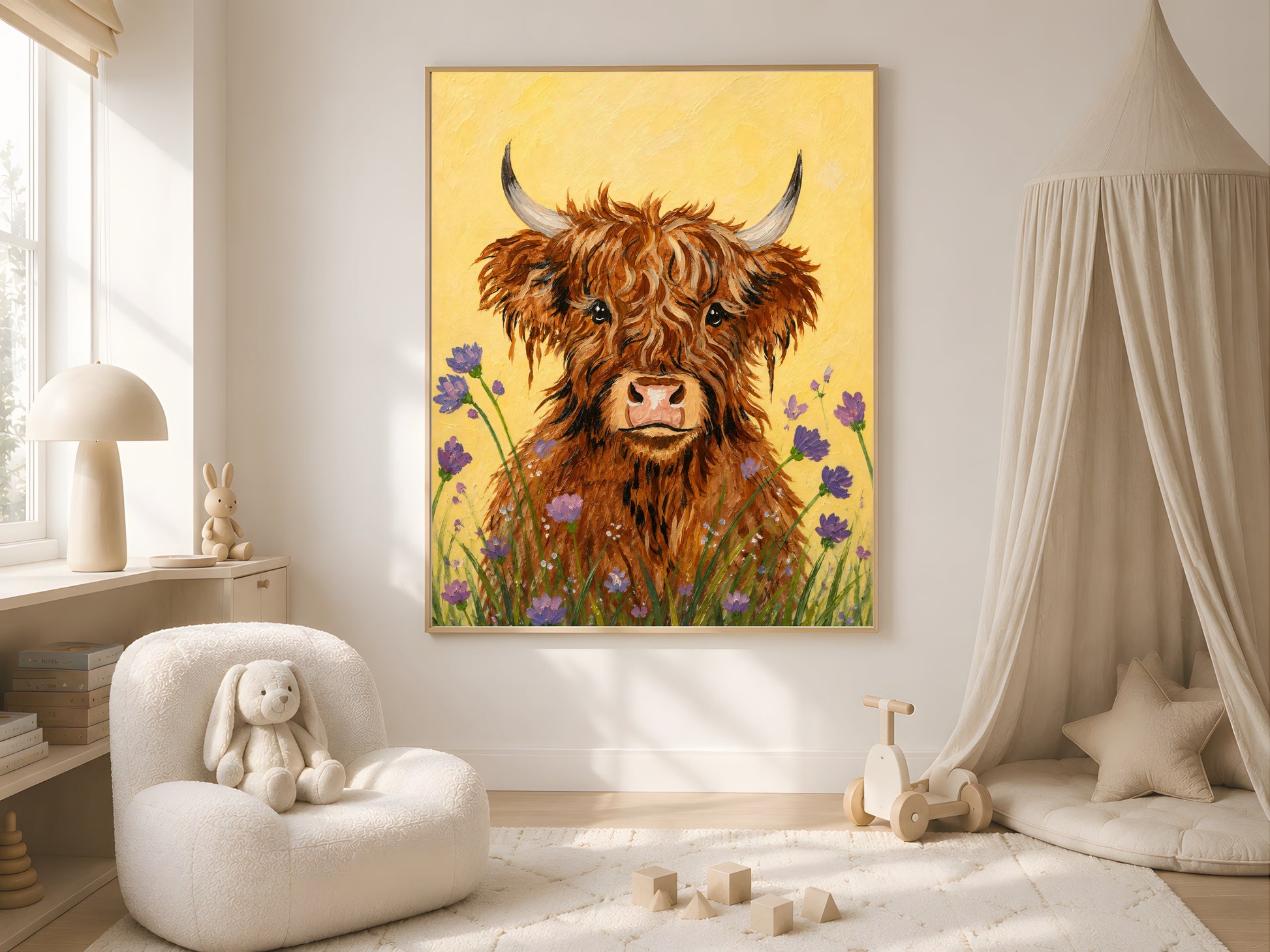 Framed impasto baby highland cow print on white wall in neutral nursery with crib, sheer canopy, and soft armchair
