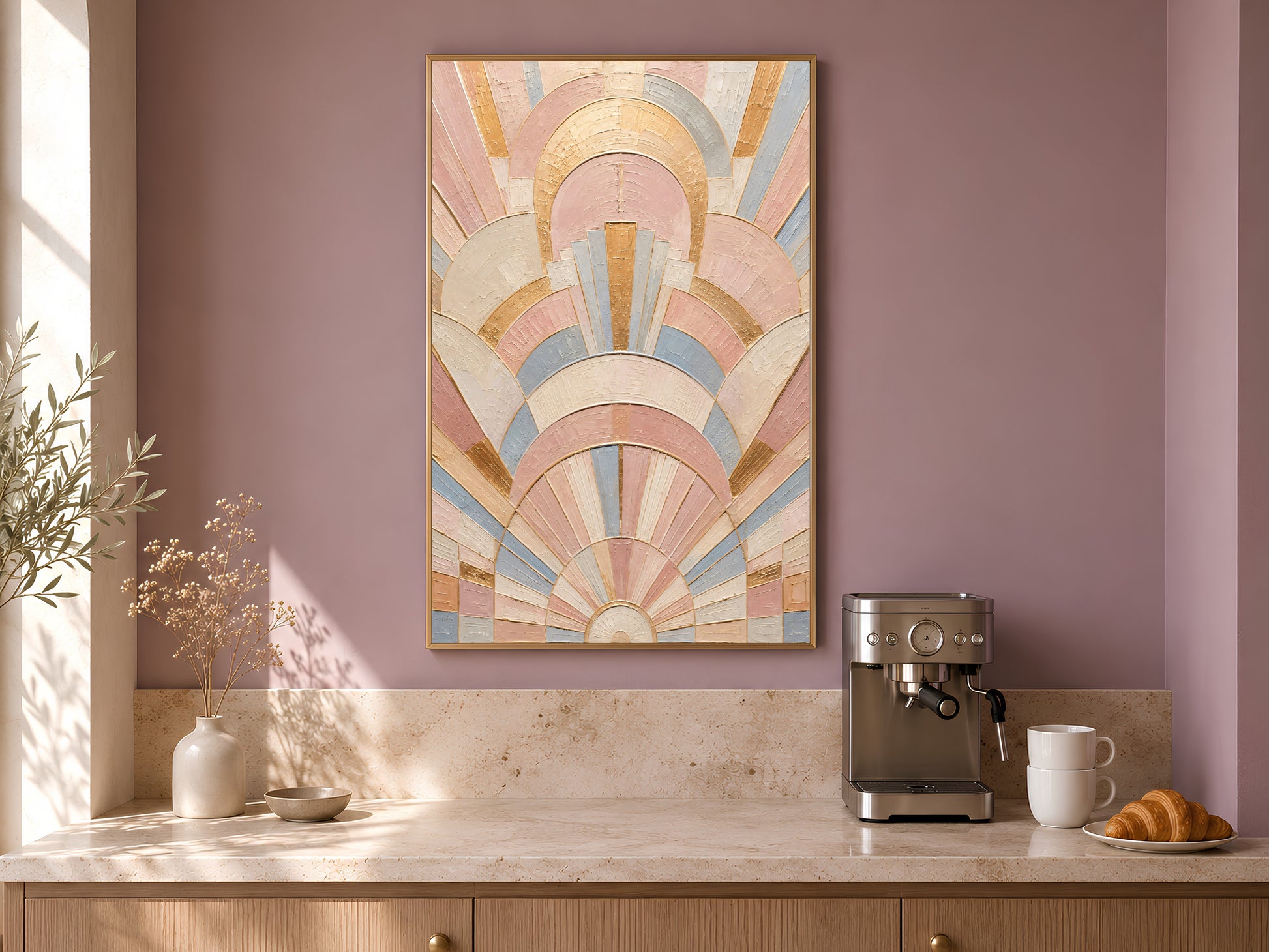 Pastel art deco impasto print in gold frame on mauve wall beside kitchen counter with neutral accessories

