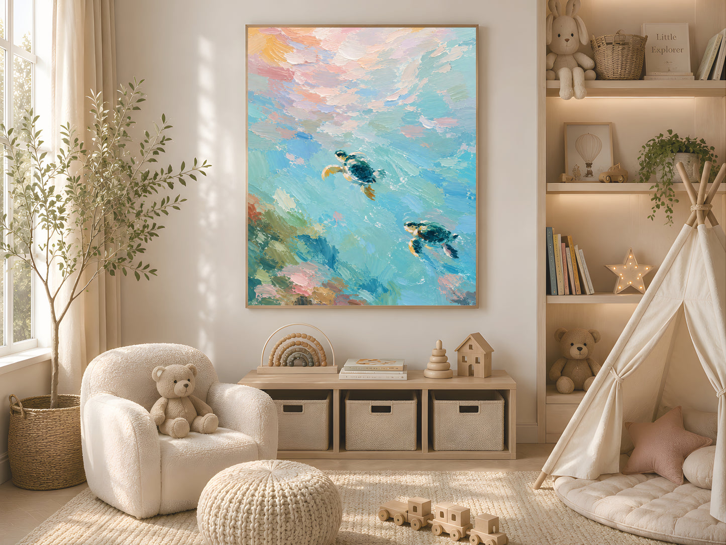 Large framed sea turtle impasto print leaning against wall in neutral boho nursery with teepee and wicker storage baskets
