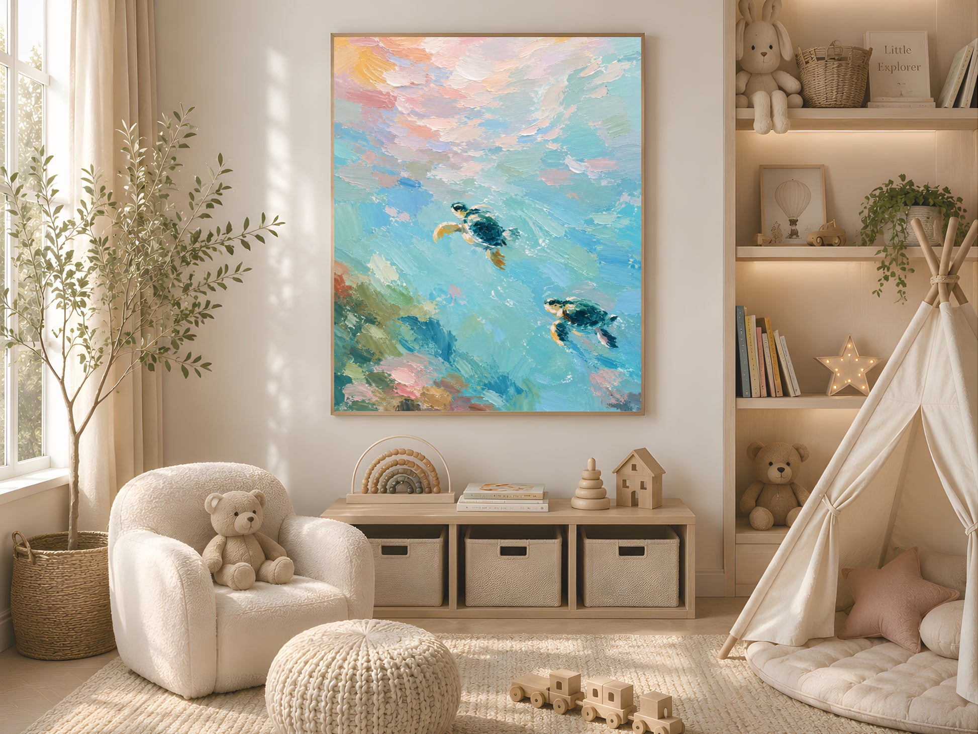 Large framed sea turtle impasto print leaning against wall in neutral boho nursery with teepee and wicker storage baskets
