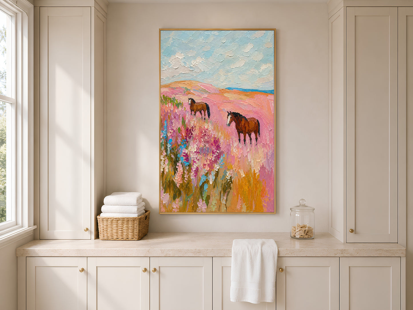 Pink wildflower horse painting framed above bathroom cabinetry and folded towels