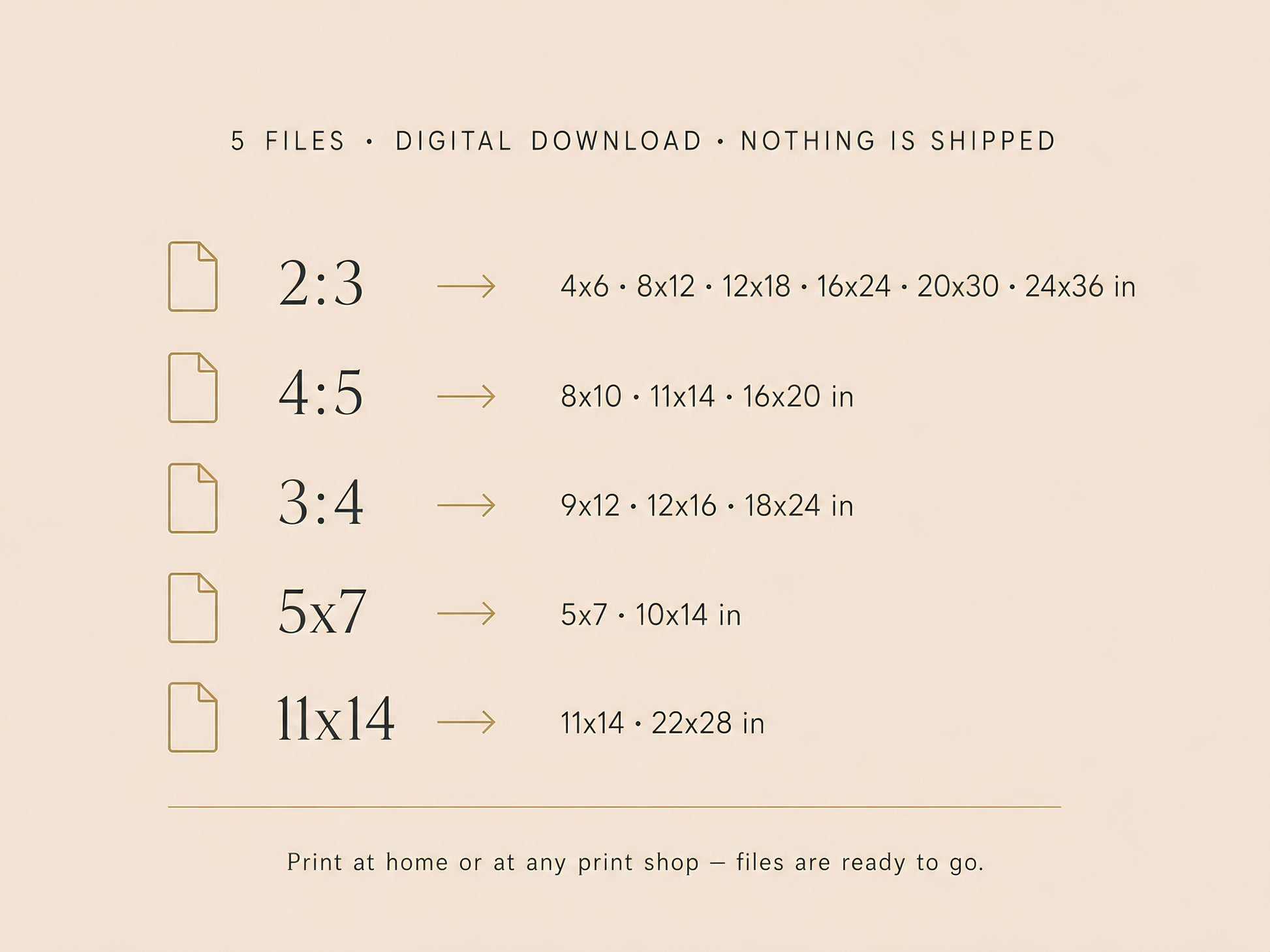 Files included size chart — 5 digital download ratios: 2:3, 4:5, 3:4, 5×7, and 11×14 — nothing is shipped
