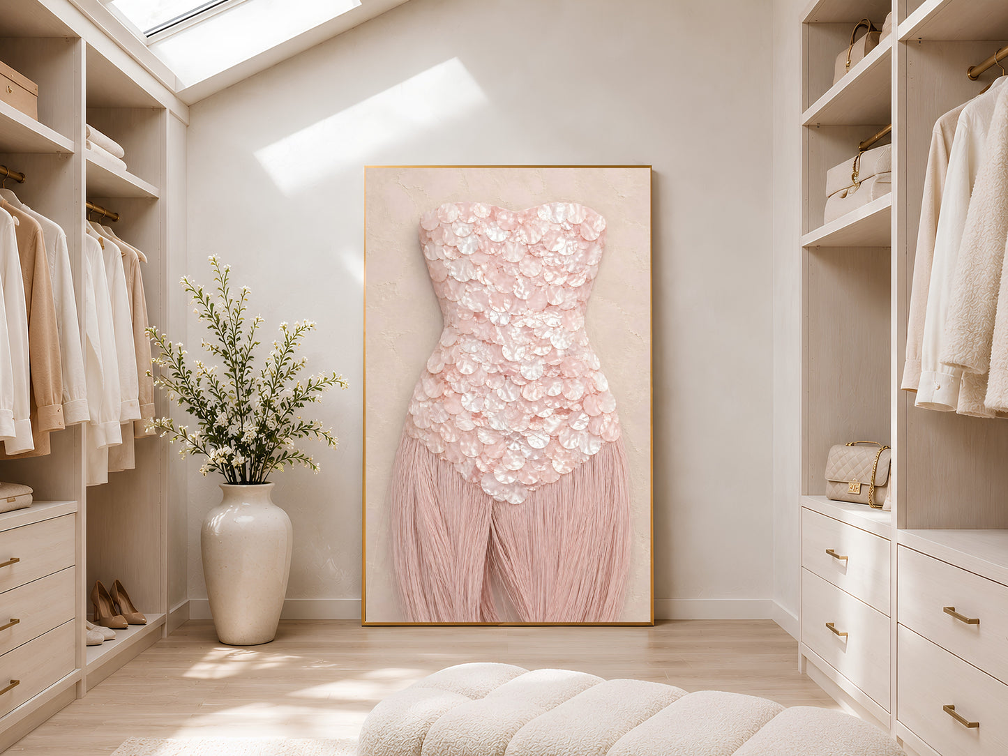 Rose quartz mother of pearl wall art framed in gold, displayed in a bright, airy walk-in closet.