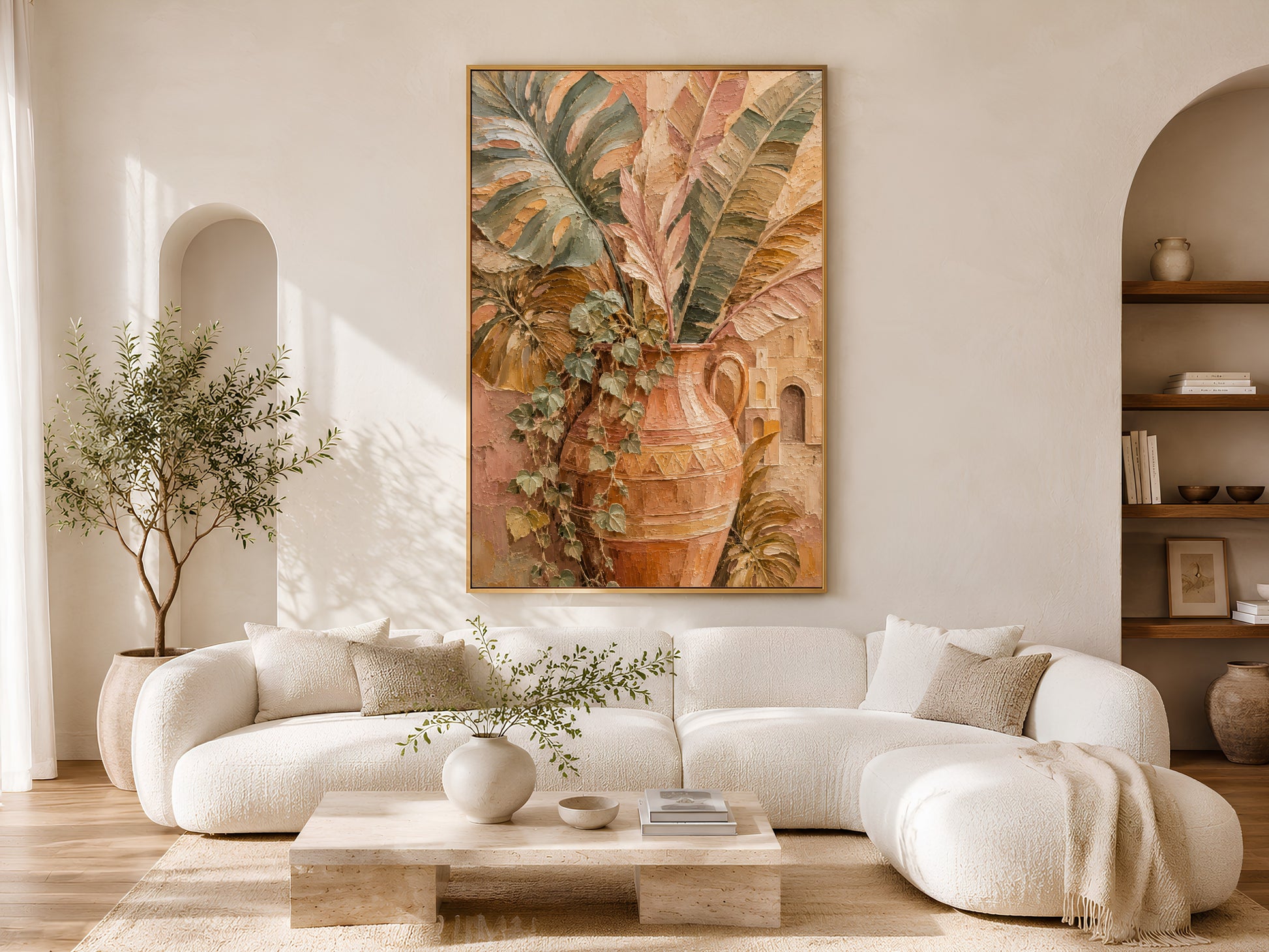 Terracotta botanical vase print in gold frame in bright minimalist living room with white sofa arched doorway and olive tree
