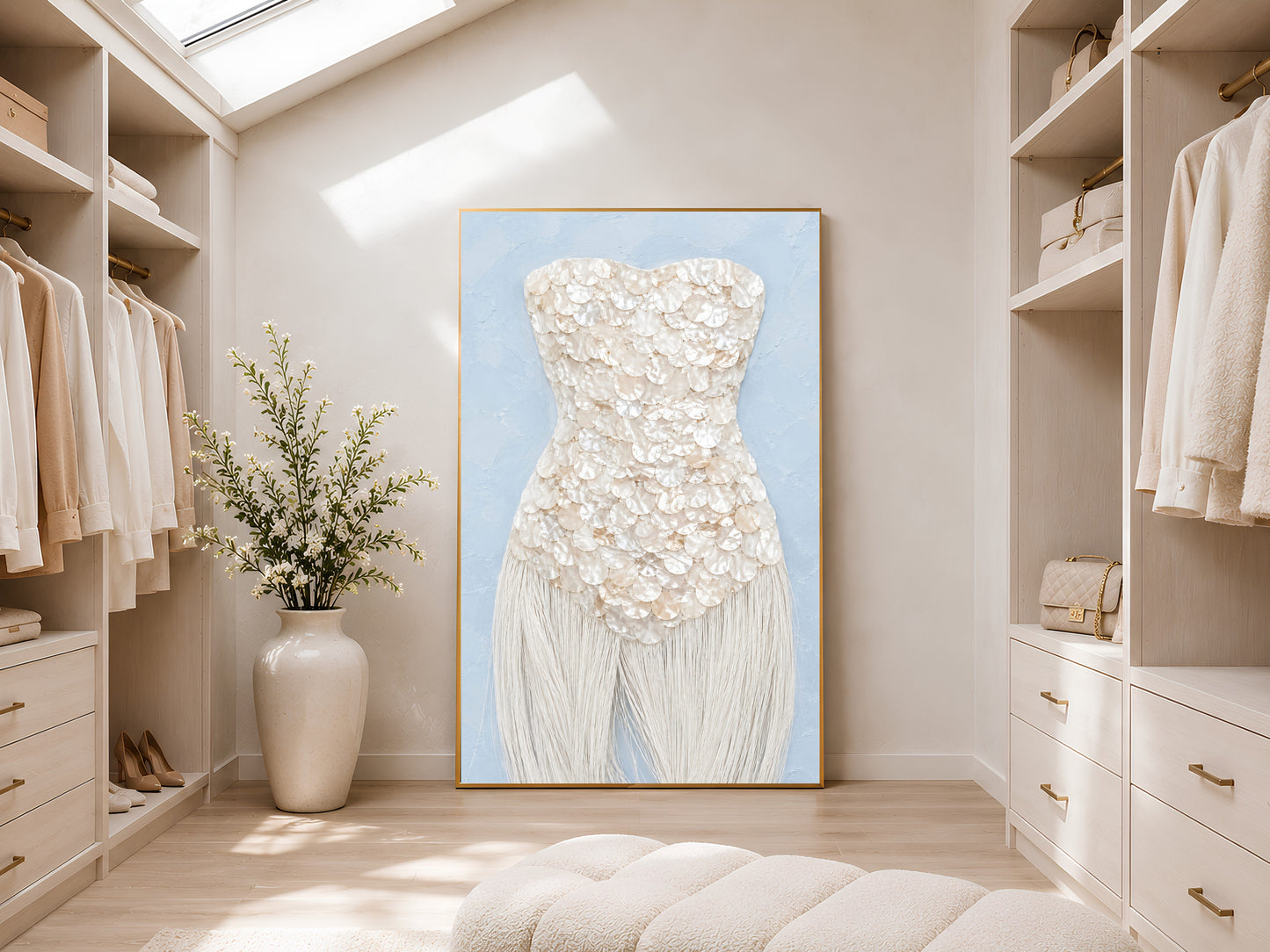Mother of pearl fashion art print framed and hung in a bright, airy walk-in closet.