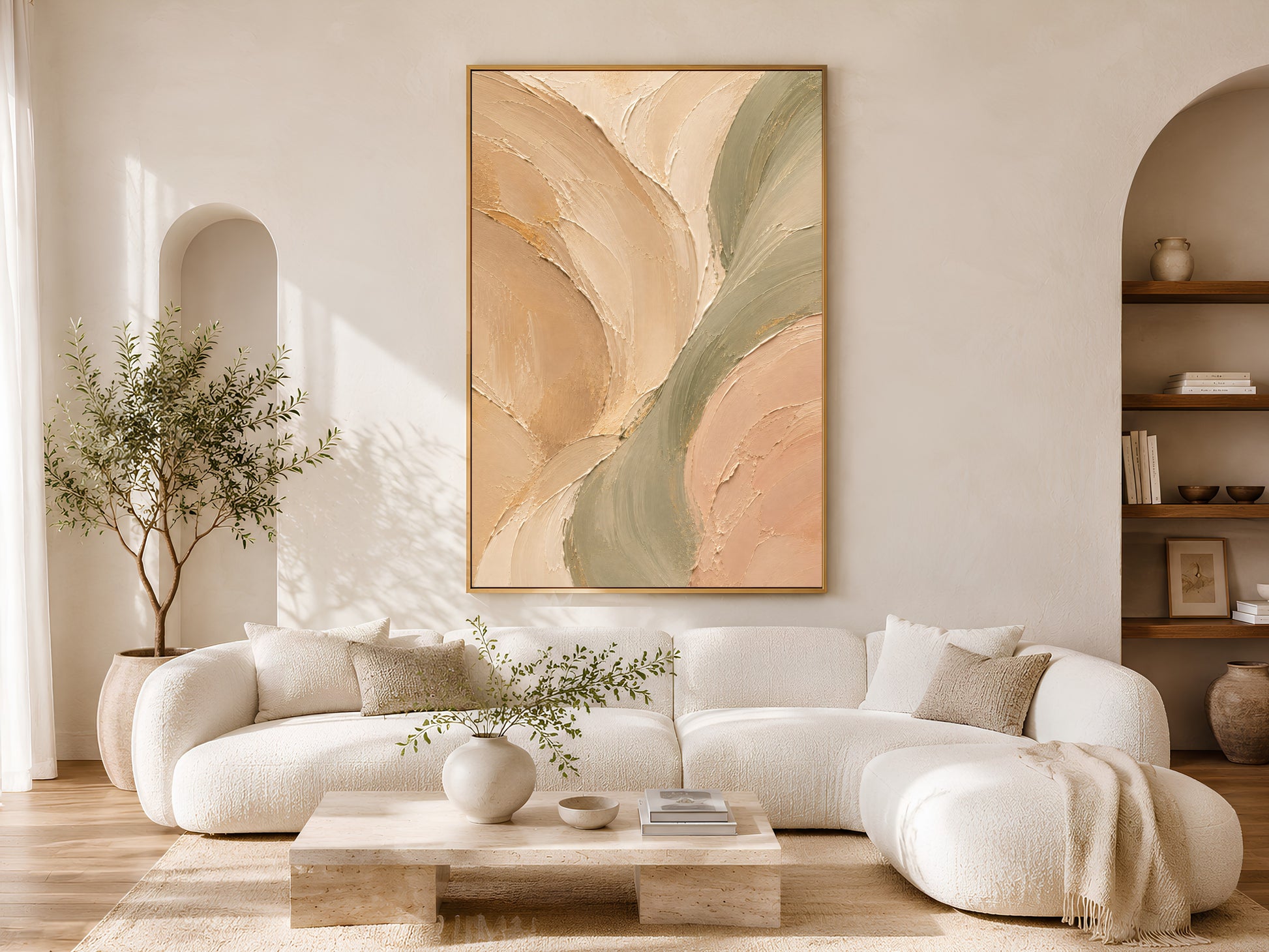 Sage green beige neutral abstract print in gold frame in minimalist living room with white sofa and olive tree
