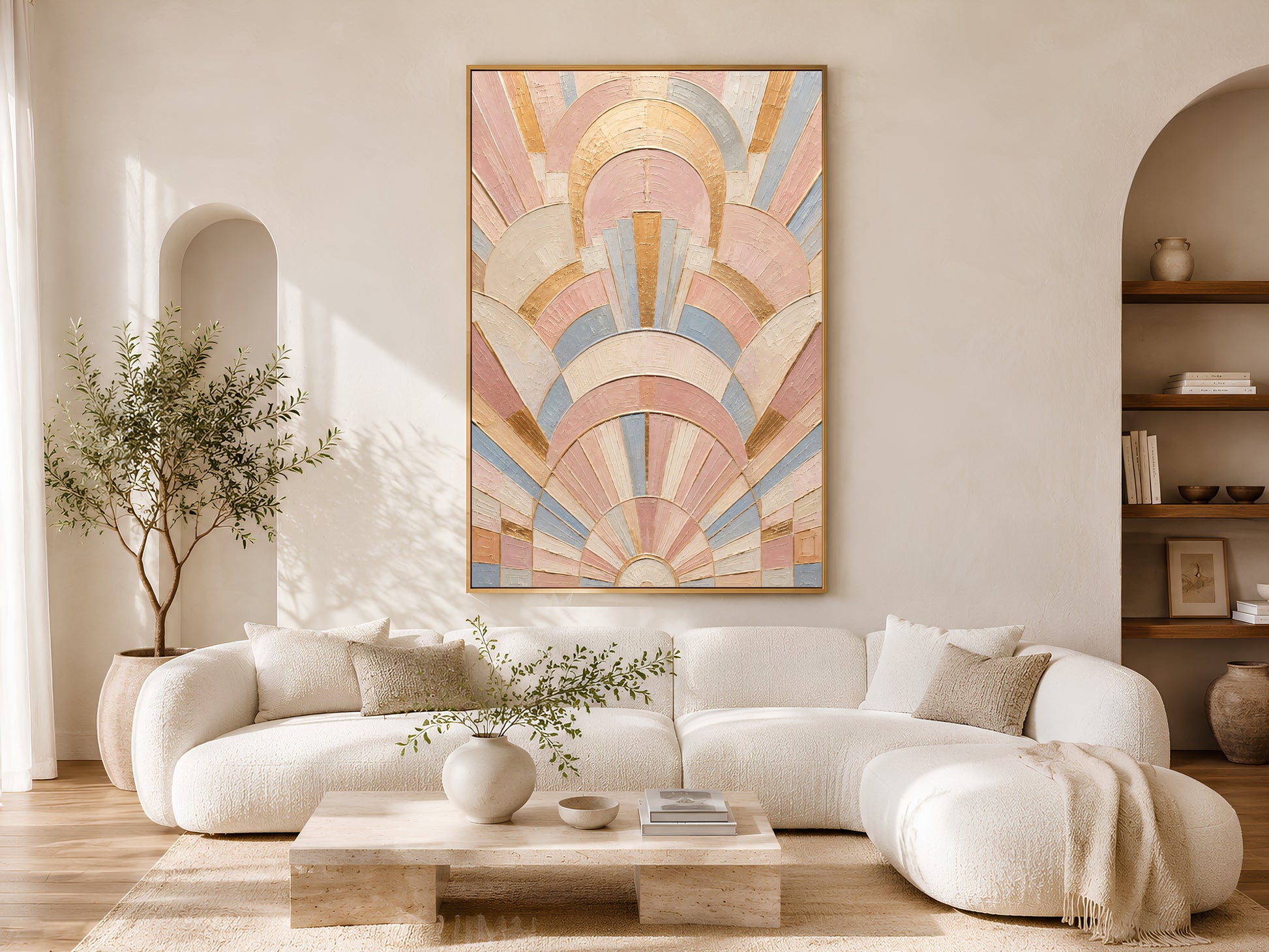 Pastel art deco wall art in gold frame in minimalist living room with white sofa and arched shelving
