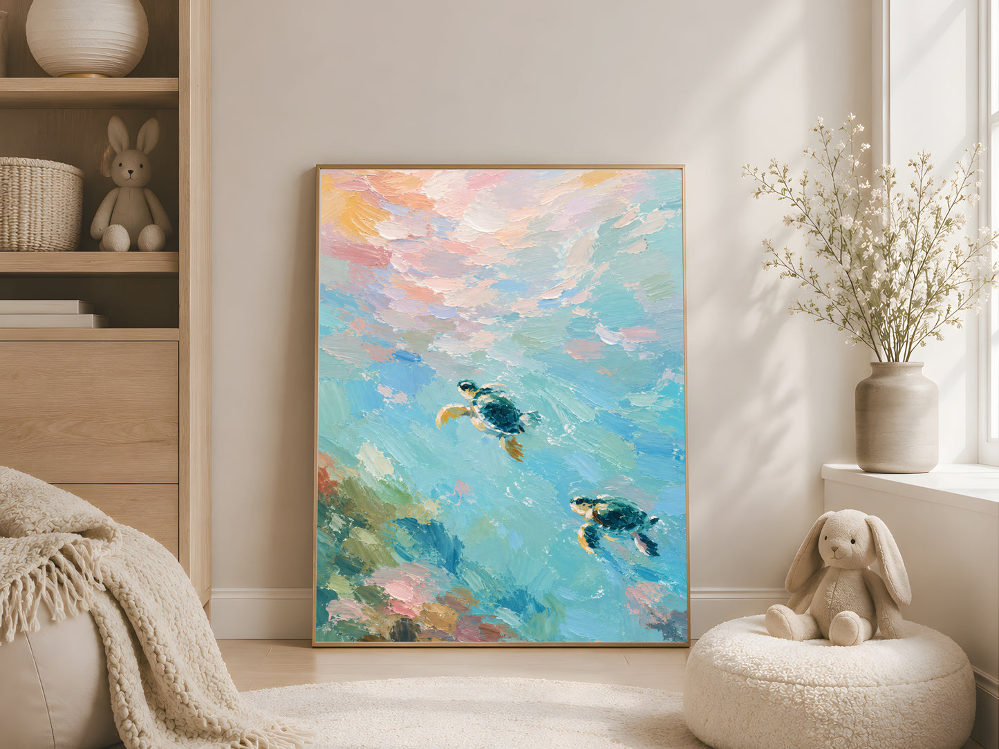 Framed impasto sea turtle print on wooden shelf in bright boho nursery with cream blanket and dried botanicals
