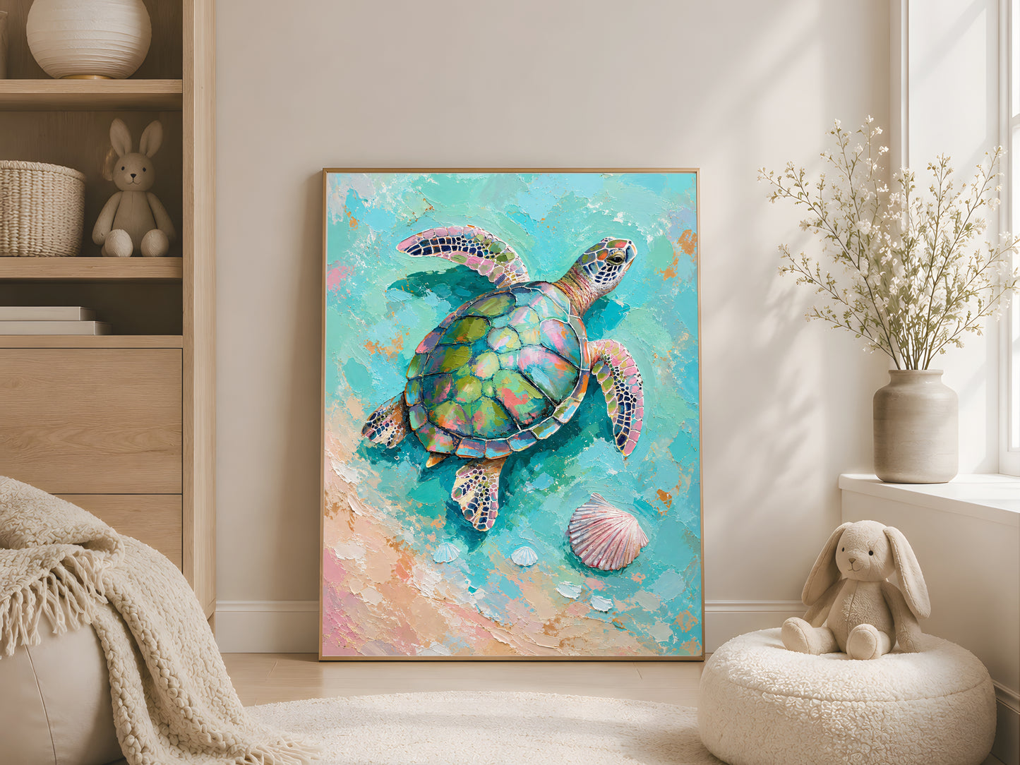Framed impasto sea turtle painting on warm white wall in cosy coastal bedroom corner with cream bedding and dried botanicals
