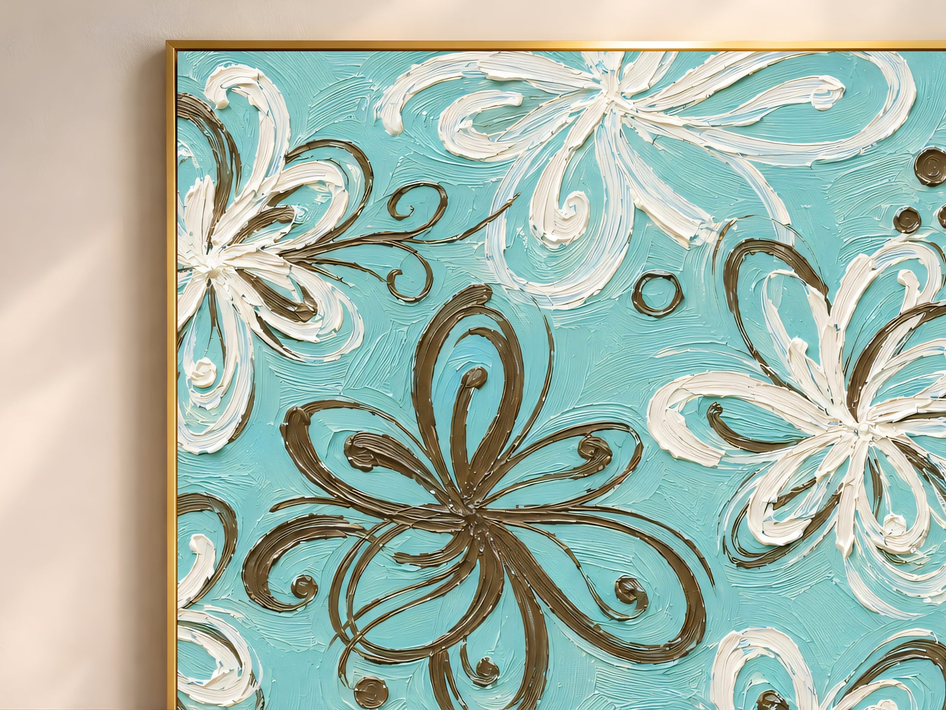 Close-up detail of impasto texture showing cream and mocha swirl petal brushstrokes on aqua turquoise background
