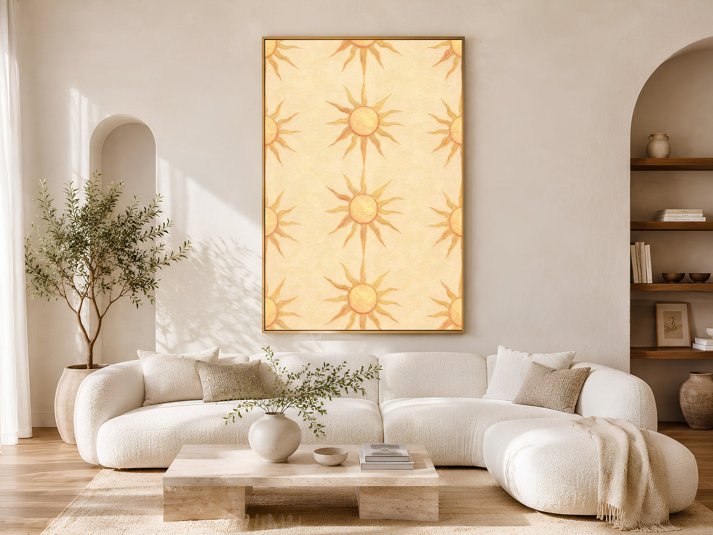 Butter yellow sun motif art framed in a living room with a curved white sofa

