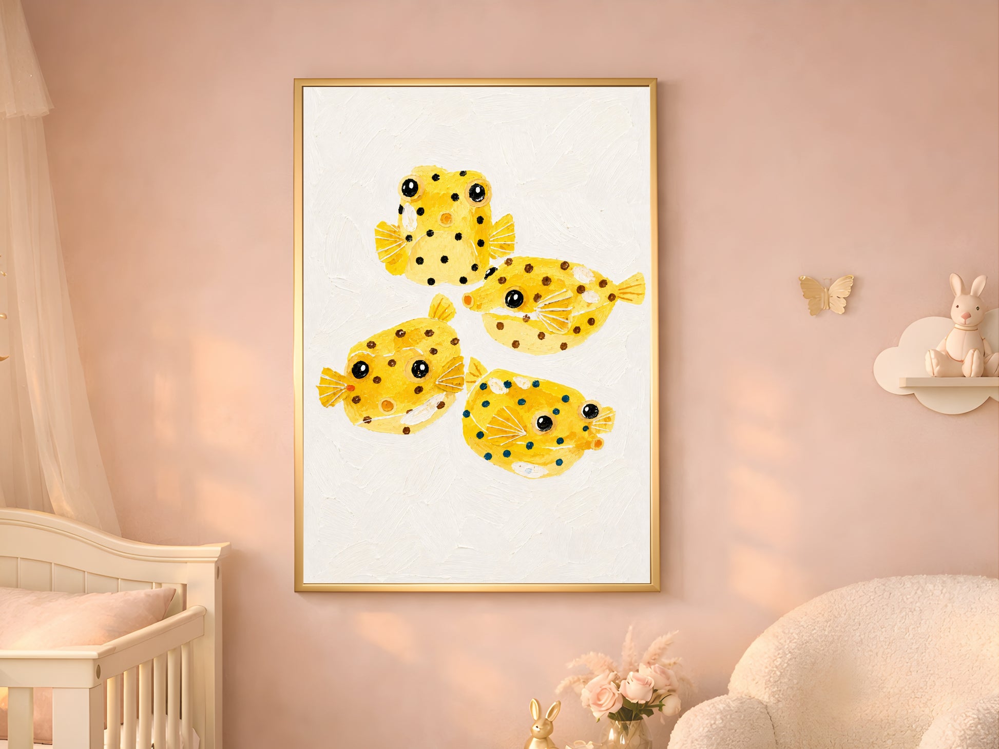 Framed impasto yellow boxfish print on blush pink wall in soft feminine nursery beside white crib and plush rabbit

