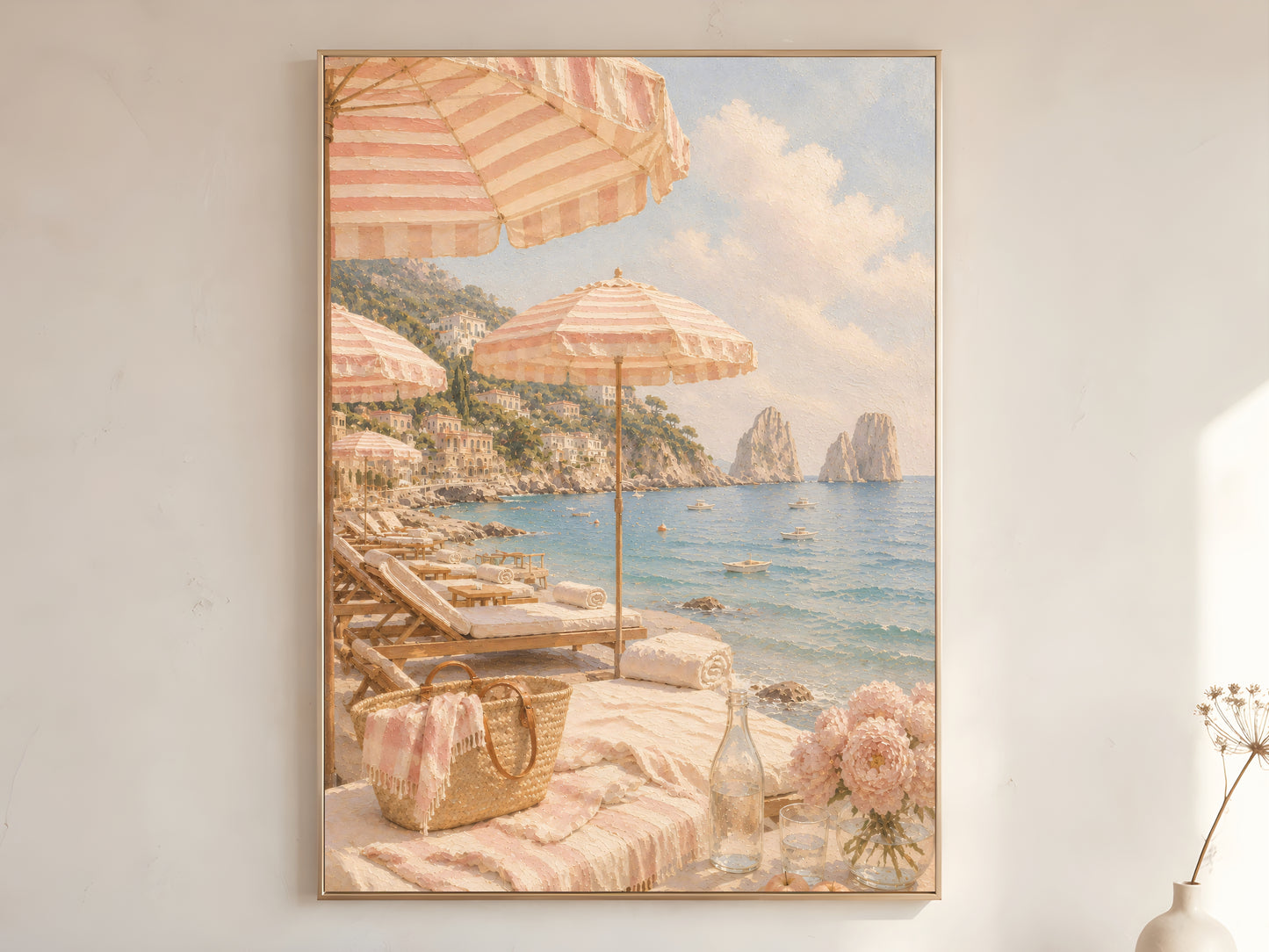 Capri Italy beach wall art printable in minimalist beige room, coastal summer decor, Mediterranean printable artwork digital download