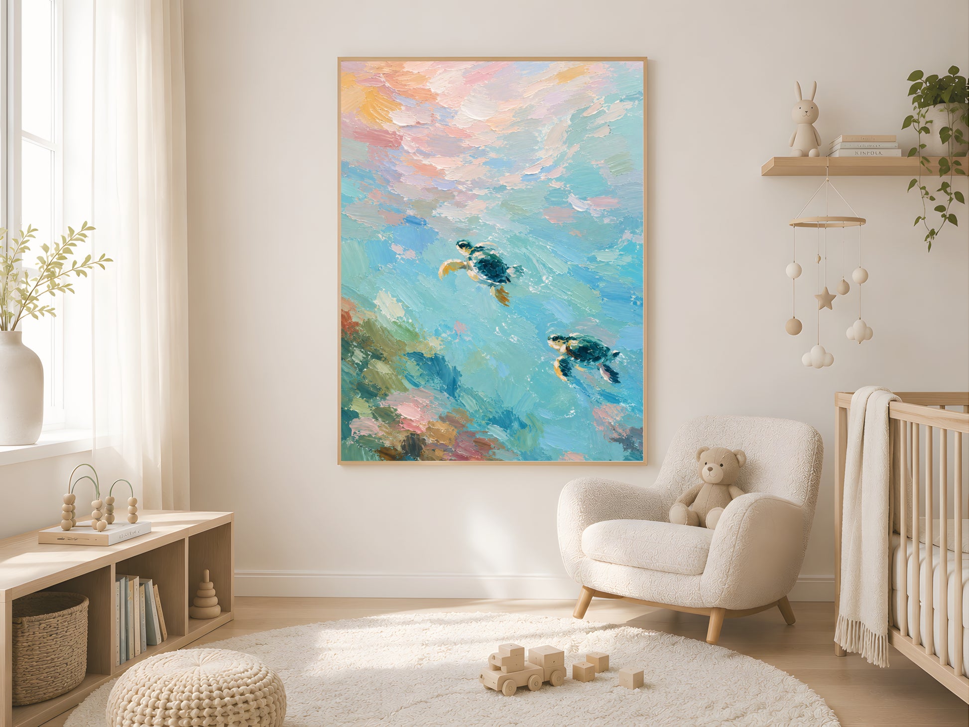 Framed impasto sea turtle print on white wall in minimal Scandinavian nursery with white armchair and soft mobile
