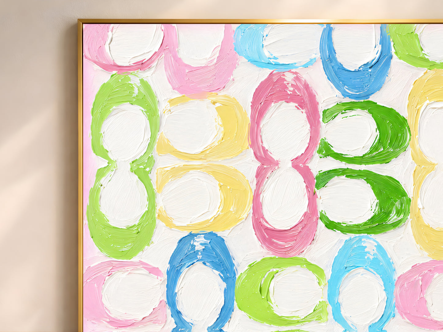 Close-up detail of impasto texture showing pink blue lime green and yellow interlocking oval loops on white
