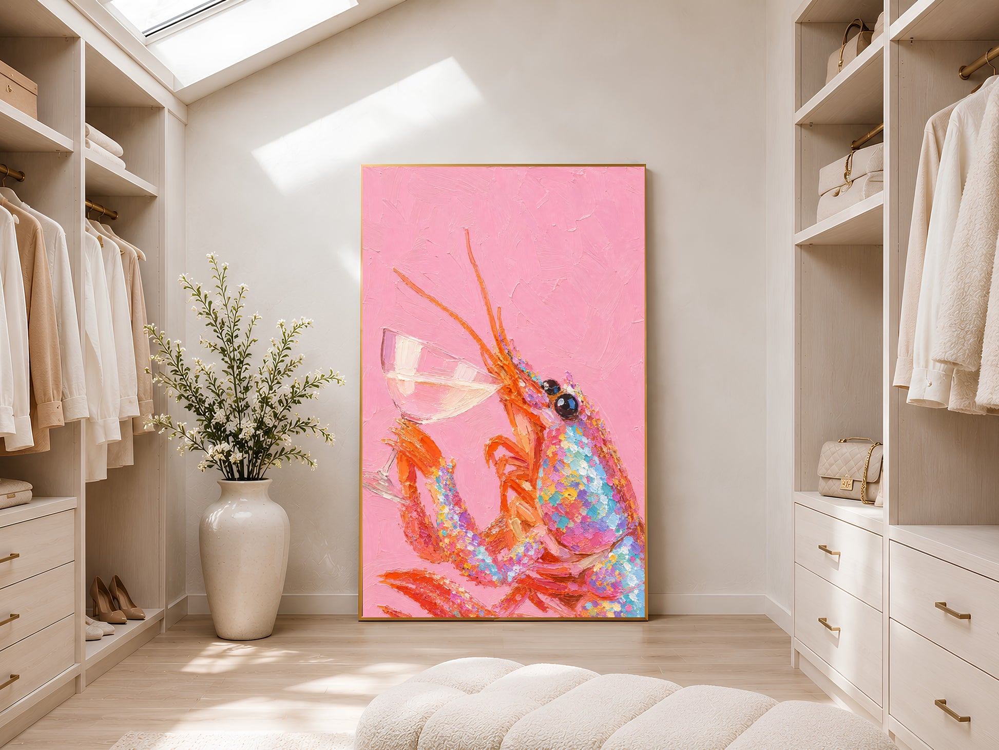 Pink lobster print in gold frame in bright styled dressing room with white wardrobes and neutral vase
