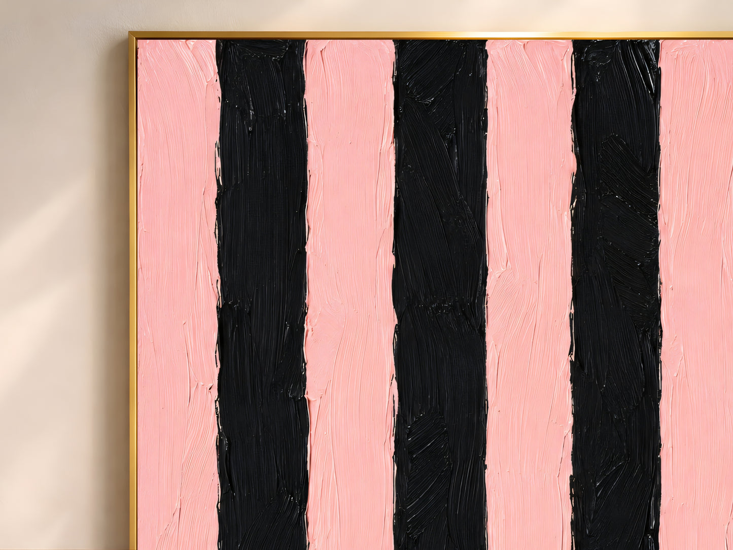 Close-up detail of impasto texture showing wide pink and deep black vertical stripe brushstrokes

