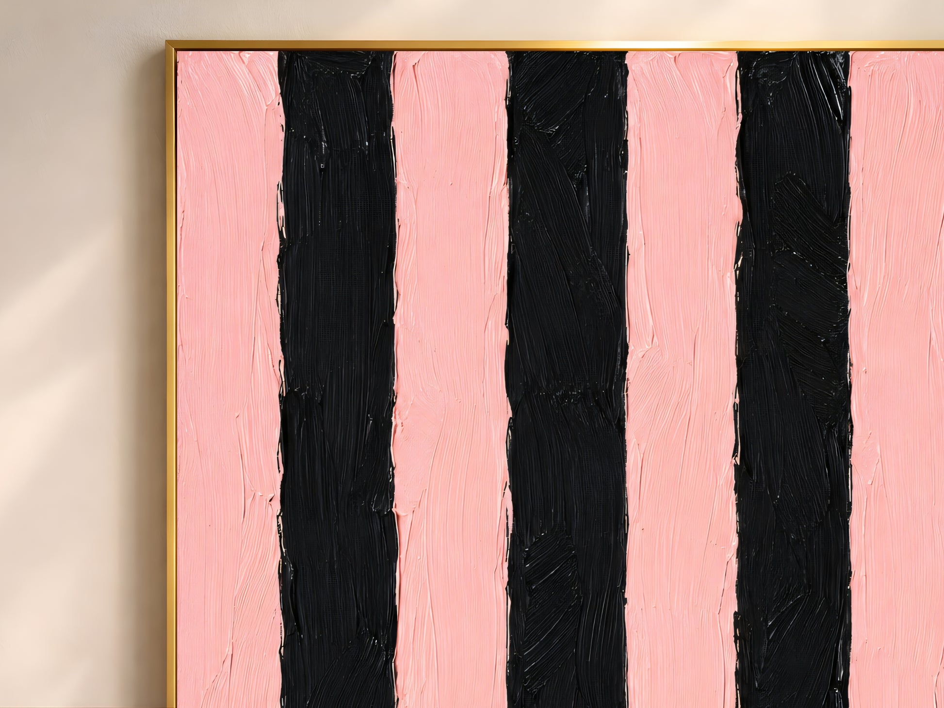 Close-up detail of impasto texture showing wide pink and deep black vertical stripe brushstrokes
