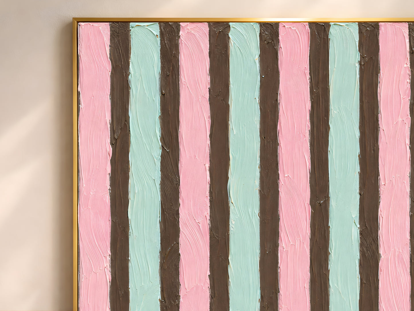 Close-up detail of impasto texture showing alternating pink mint and mocha brown vertical stripe brushstrokes

