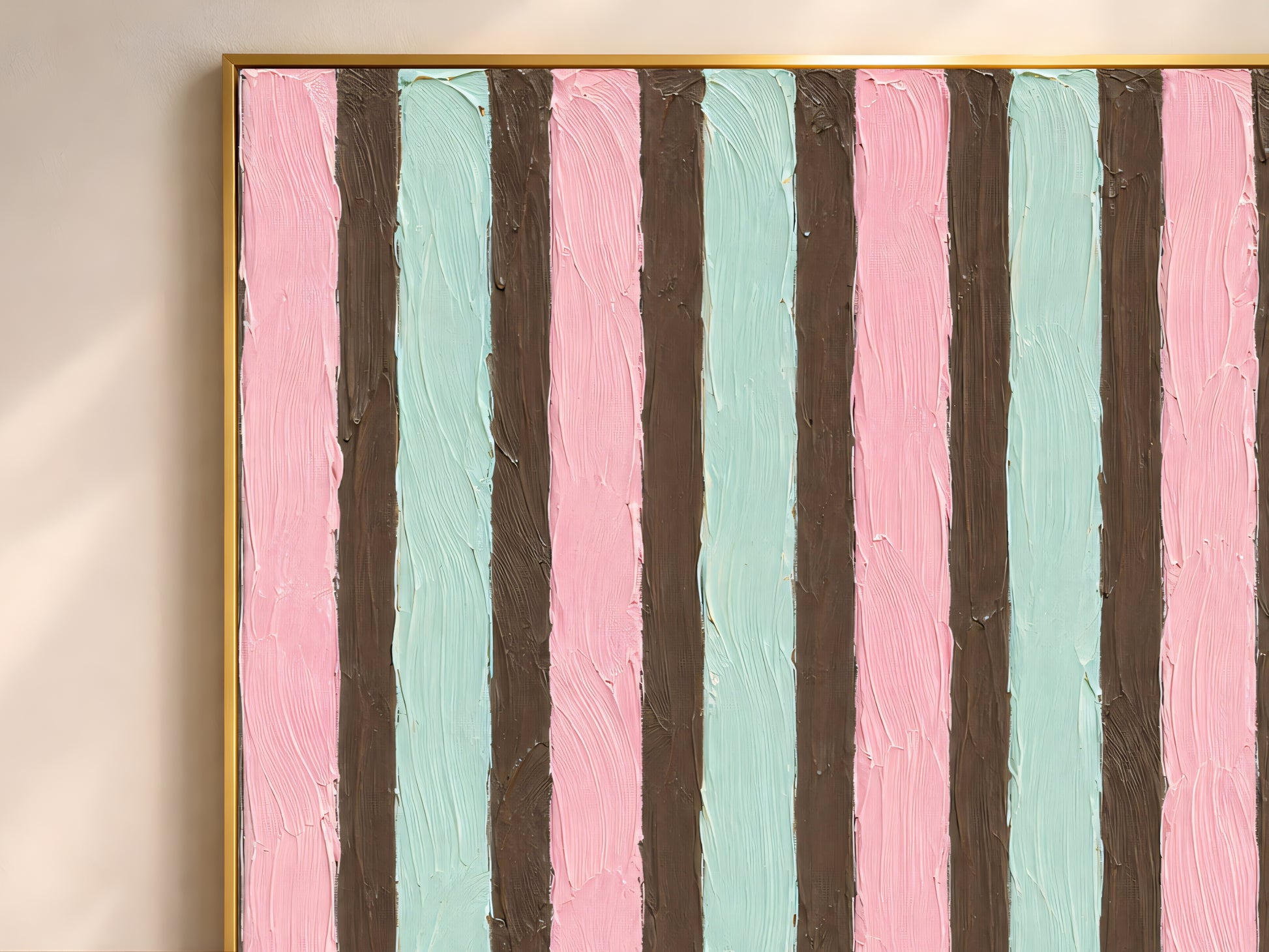 Close-up detail of impasto texture showing alternating pink mint and mocha brown vertical stripe brushstrokes
