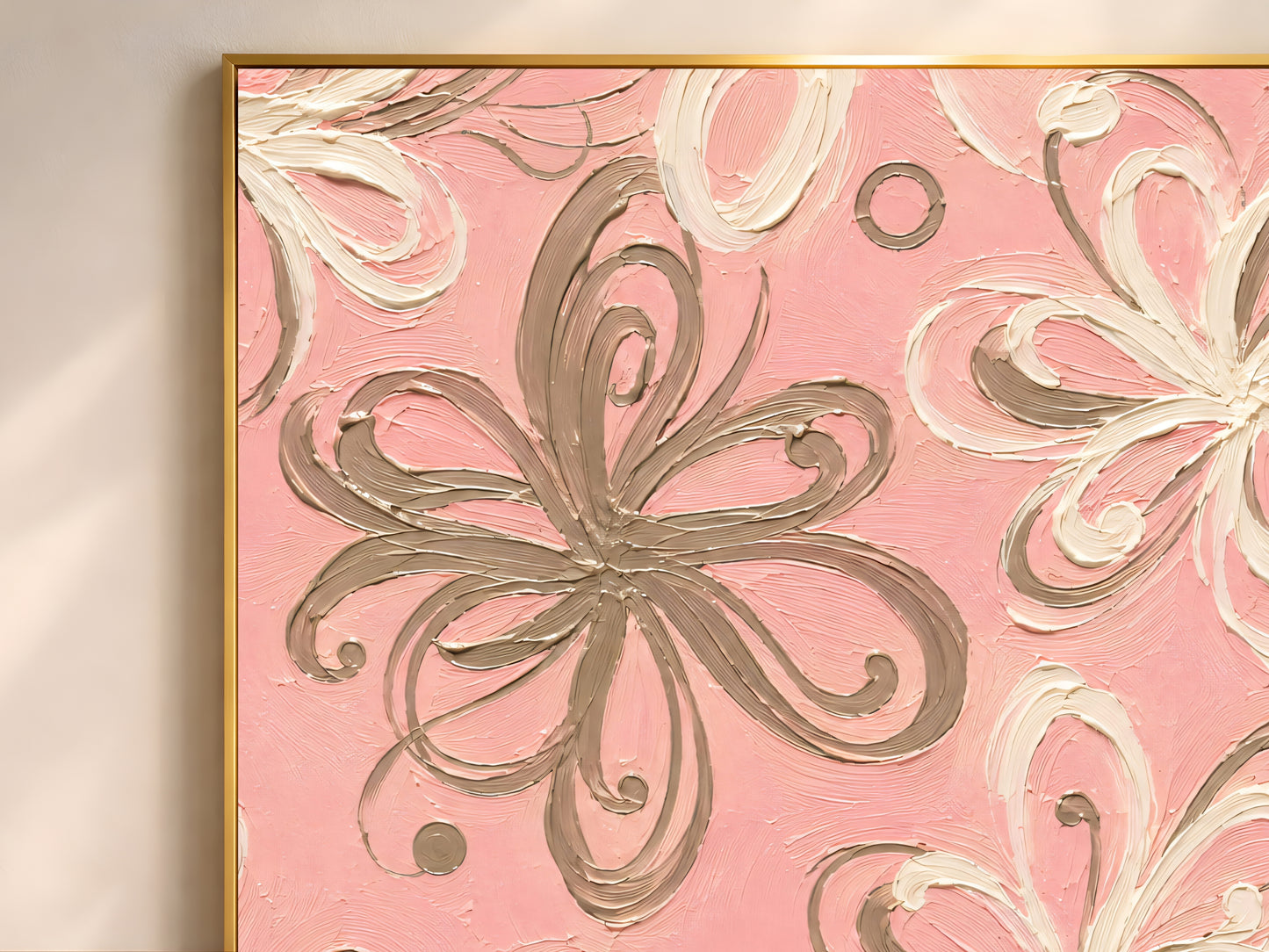 Close-up detail of impasto texture showing cream and mocha swirl petal brushstrokes on bubblegum pink background
