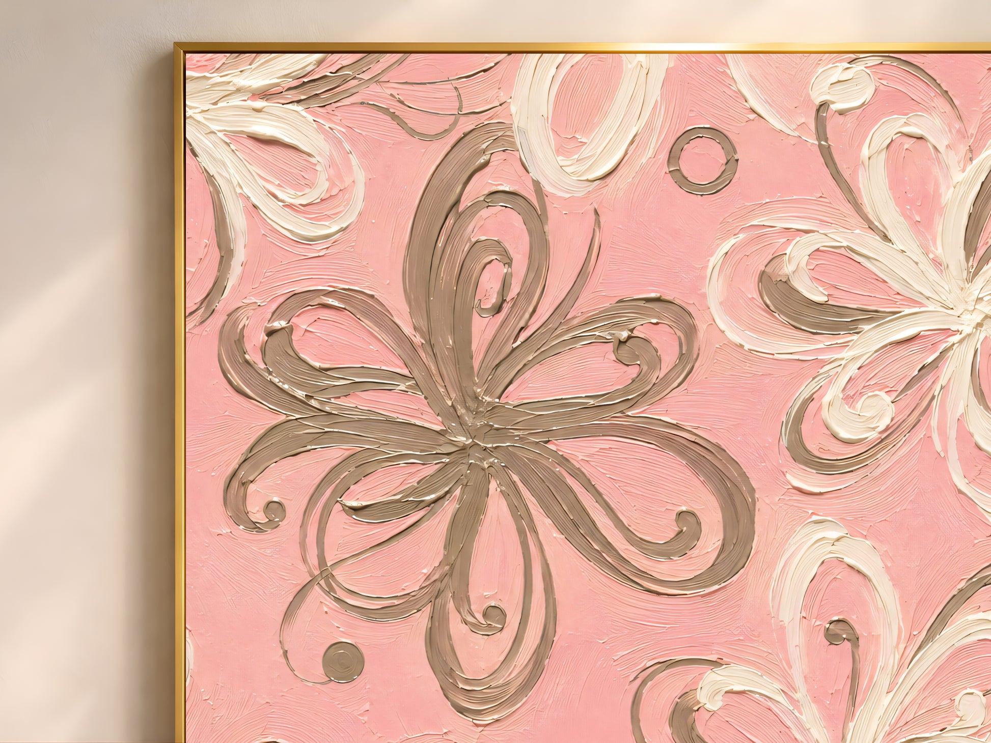 Close-up detail of impasto texture showing cream and mocha swirl petal brushstrokes on bubblegum pink background
