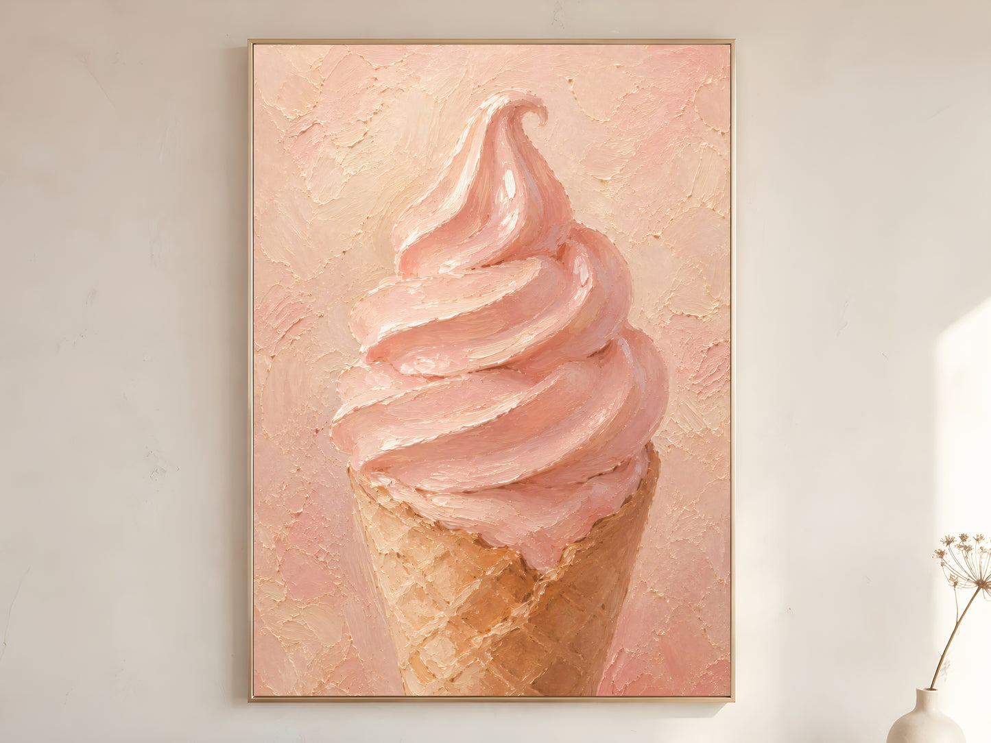 Pink soft serve ice cream printable wall art, pastel dessert painting, feminine kitchen decor, soft girl aesthetic digital download