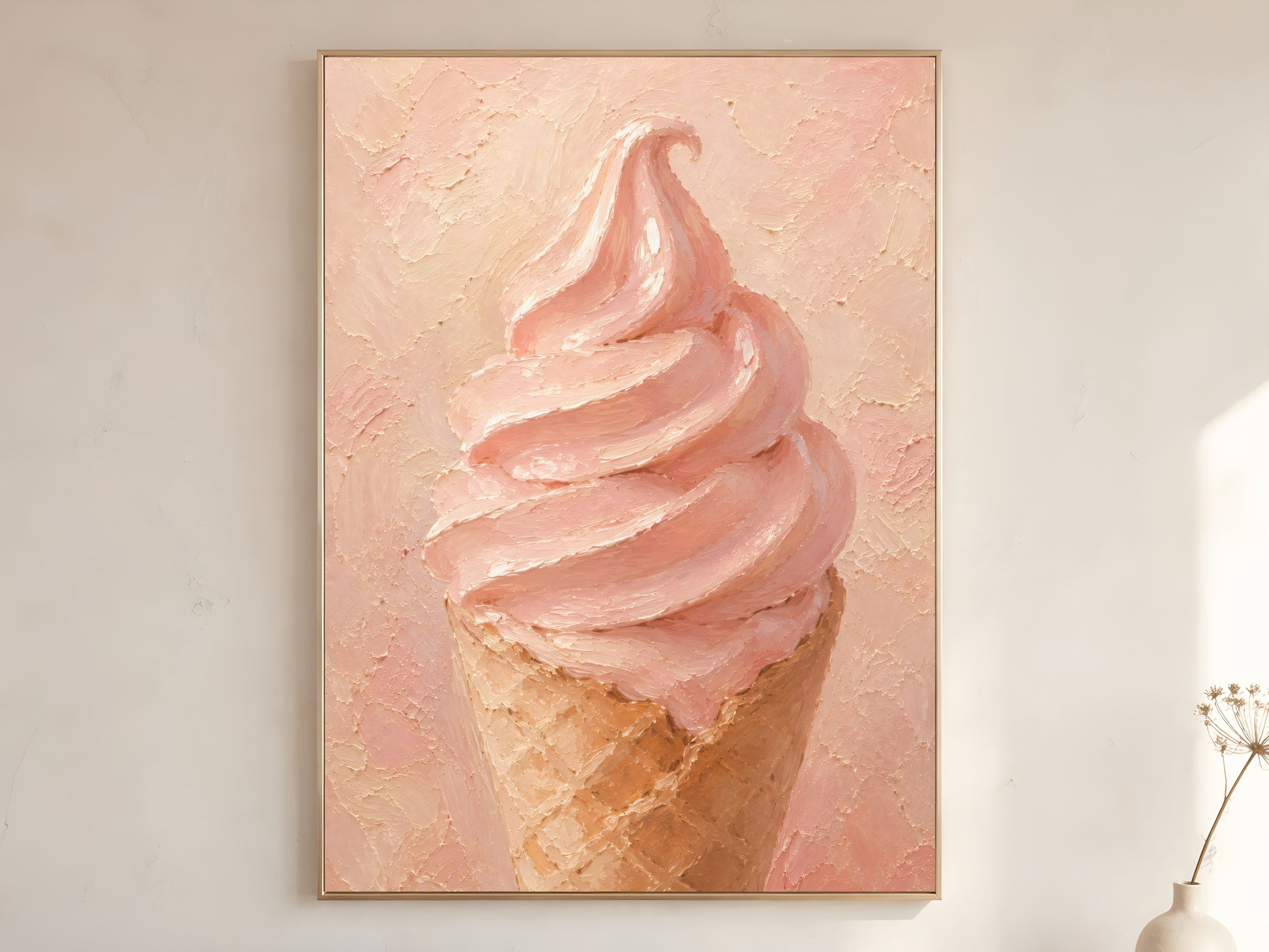Pink soft serve ice cream printable wall art, pastel dessert painting, feminine kitchen decor, soft girl aesthetic digital download