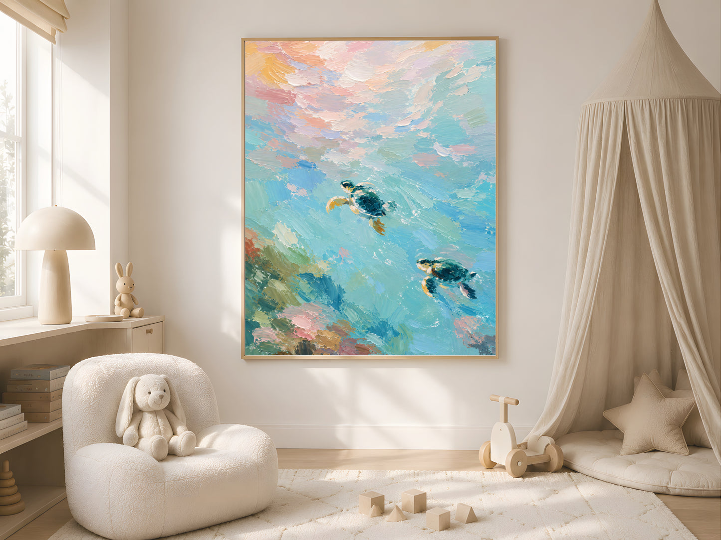 Framed sea turtle impasto print on white nursery wall beside plush rabbit and cream armchair with canopy
