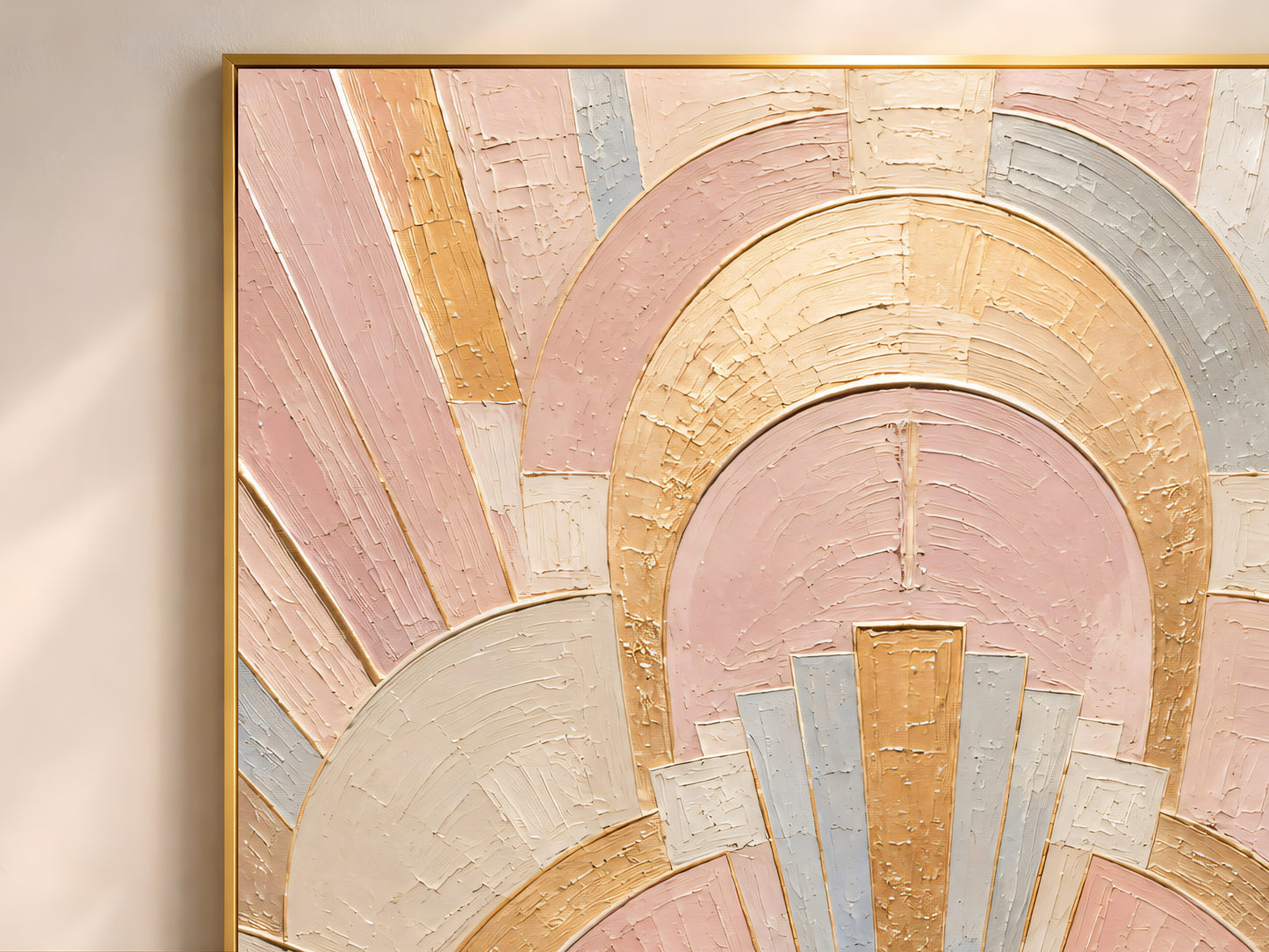 Close-up detail of impasto texture showing gold geometric arches in blush pink dusty blue and cream
