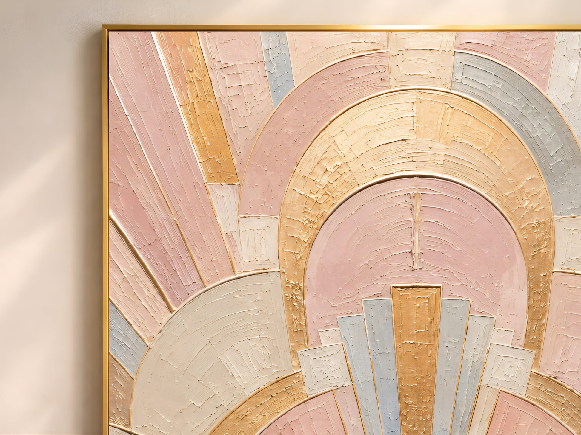 Close-up detail of impasto texture showing gold geometric arches in blush pink dusty blue and cream

