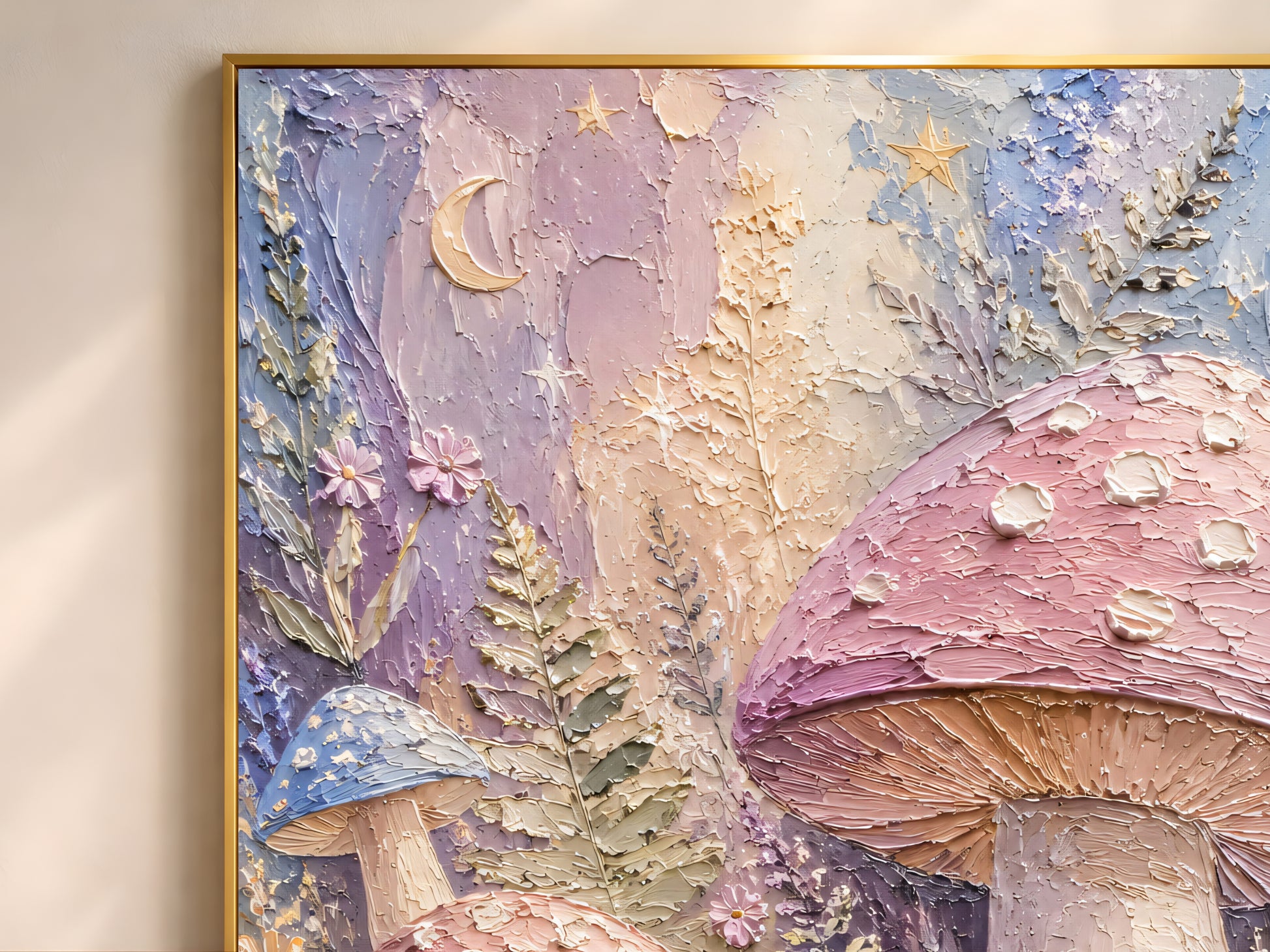 Close-up detail of impasto texture showing pink toadstool caps wildflowers and lavender sky with moon
