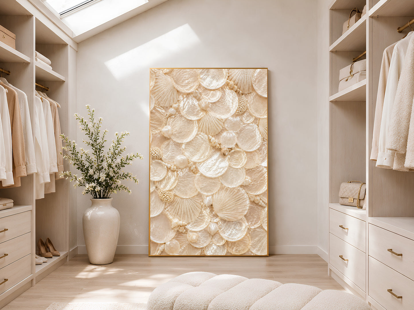 Bright walk-in closet with a skylight, open wardrobe shelving, and a framed nautilus shell print on the wall.