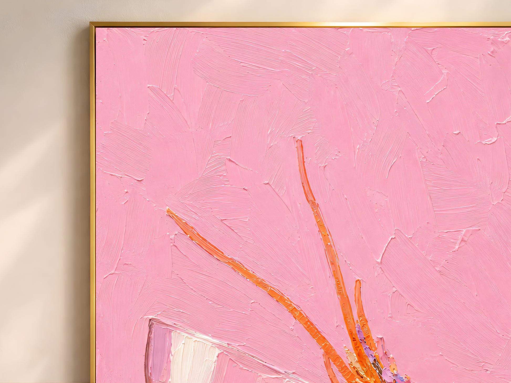 Close-up detail of impasto texture showing multicolour lobster shell in turquoise lilac peach and orange on pink
