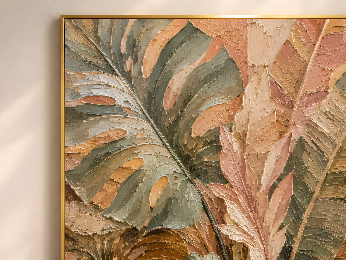 Close-up detail of impasto texture showing monstera leaves dusty blush fronds and earthy terracotta tones

