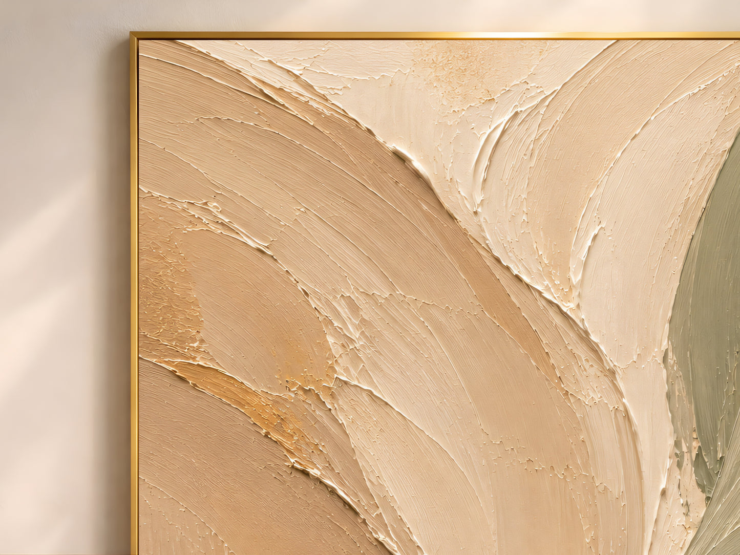 Close-up detail of impasto texture showing sweeping cream sage green and warm blush brushstrokes with gold
