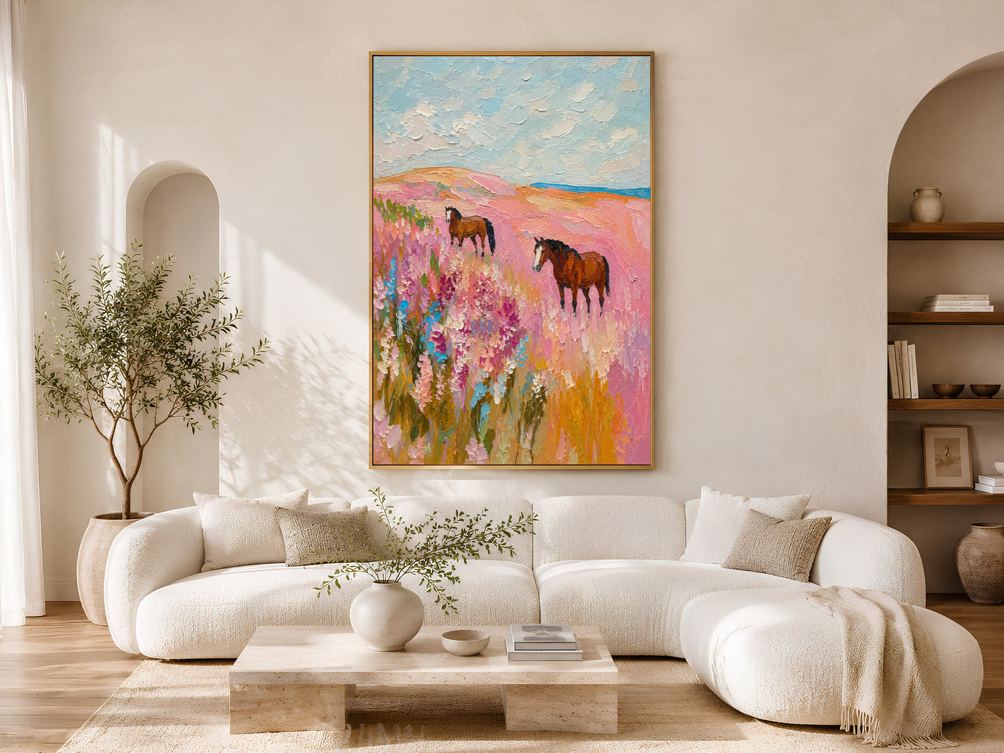 Pink wildflower horse painting framed in a living room with a curved white sofa
