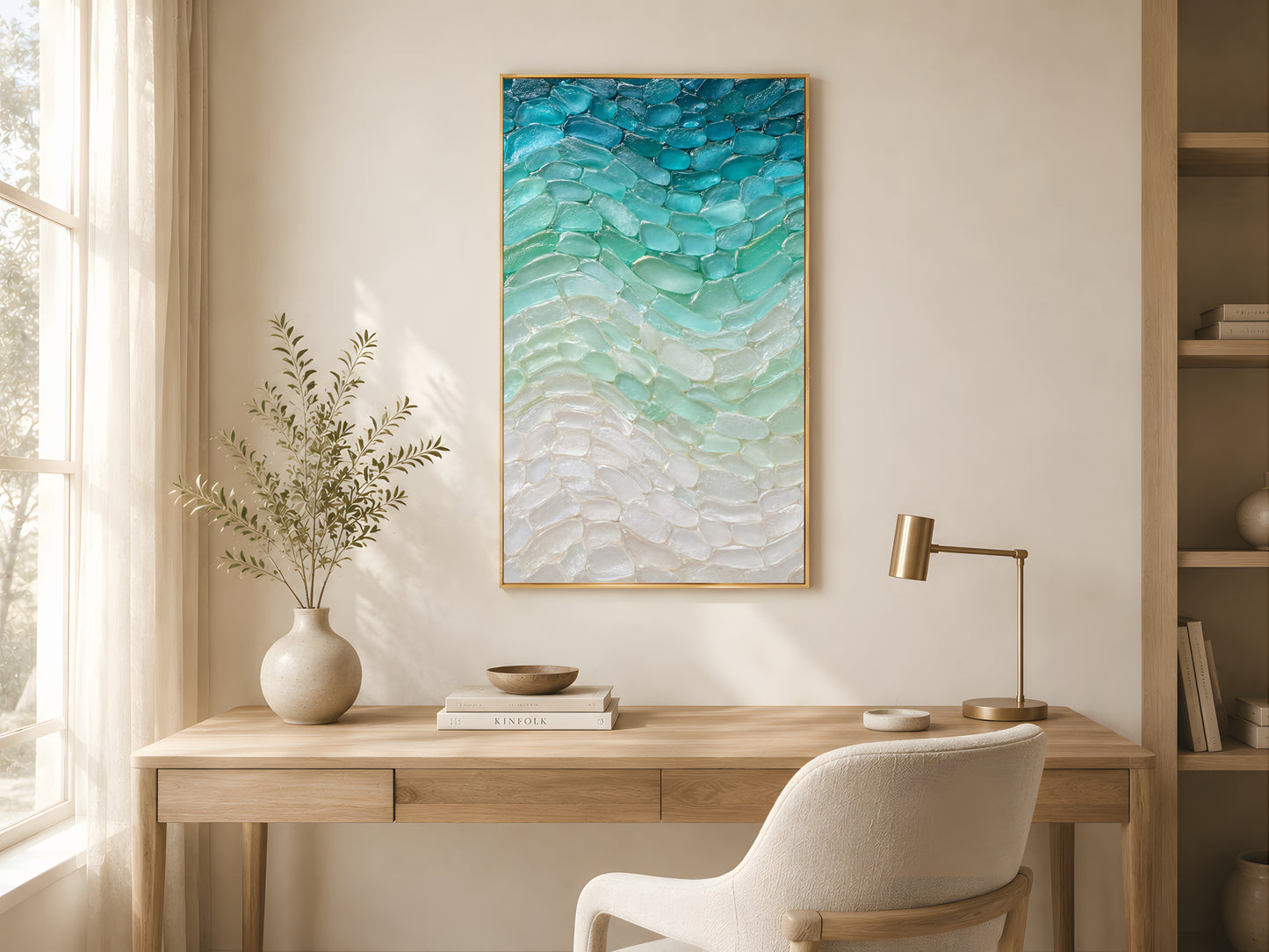 
Sea glass wave wall art in gold frame in bright minimalist home office with cream armchair